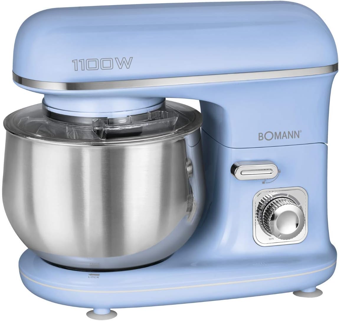 Bomann Retro-Küchenmaschine 5L, 1100W, Haken, Schneebesen, Spritzschutz, Blau
