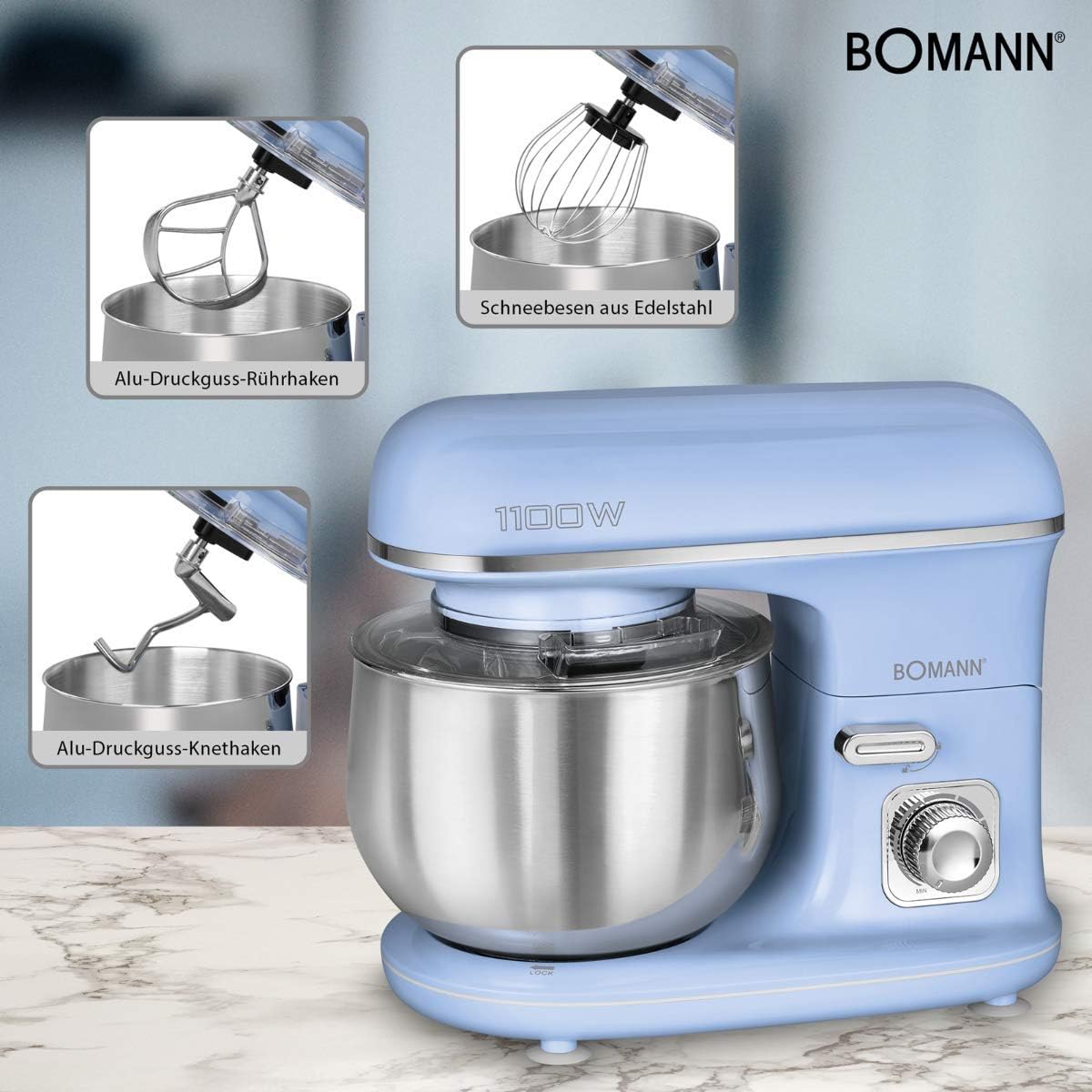 Bomann Retro-Küchenmaschine 5L, 1100W, Haken, Schneebesen, Spritzschutz, Blau