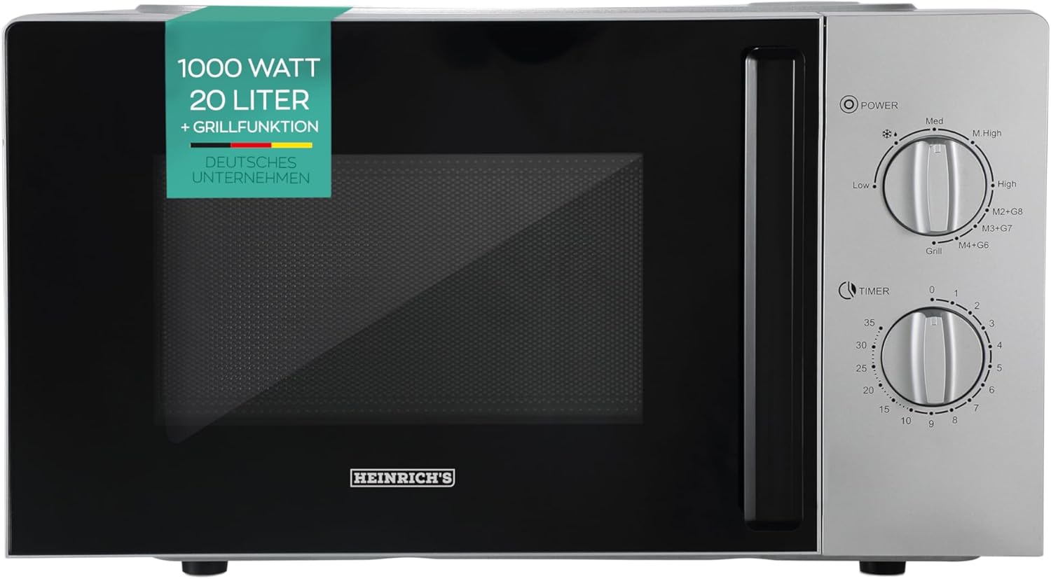 HEINRICHS Mikrowelle 20L, 1000W, Grillfunktion, 9 Stufen, Defrost, Silber