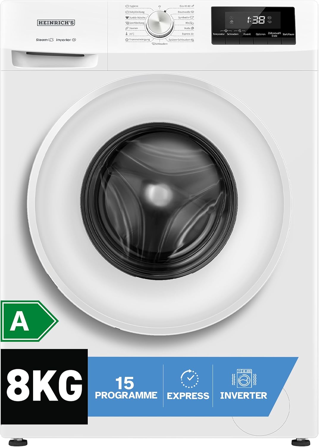 Waschmaschine 8kg, 1400 U/min, 15 Programme, LED, Aqua-Stop, A