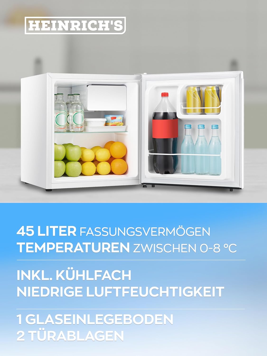 HEINRICHS Getränkekühlschrank 45L, 39dB, mit Kühlfach, kompakt, für Büro & Outdoor, Weiß