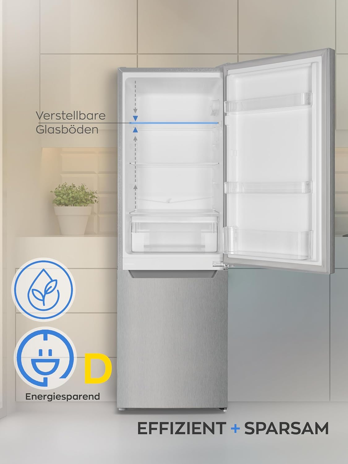 Heinrich´s Kühlgefrierkombination mit 157 L Gesamtvolumen, 109 L Kühlvolumen 48 L Gefriervolumen, LED Beleuchtung, Türanschlag wechselbar, verstellbare Füße, leise 39 dB, große Tiefkühlboxen, Inox