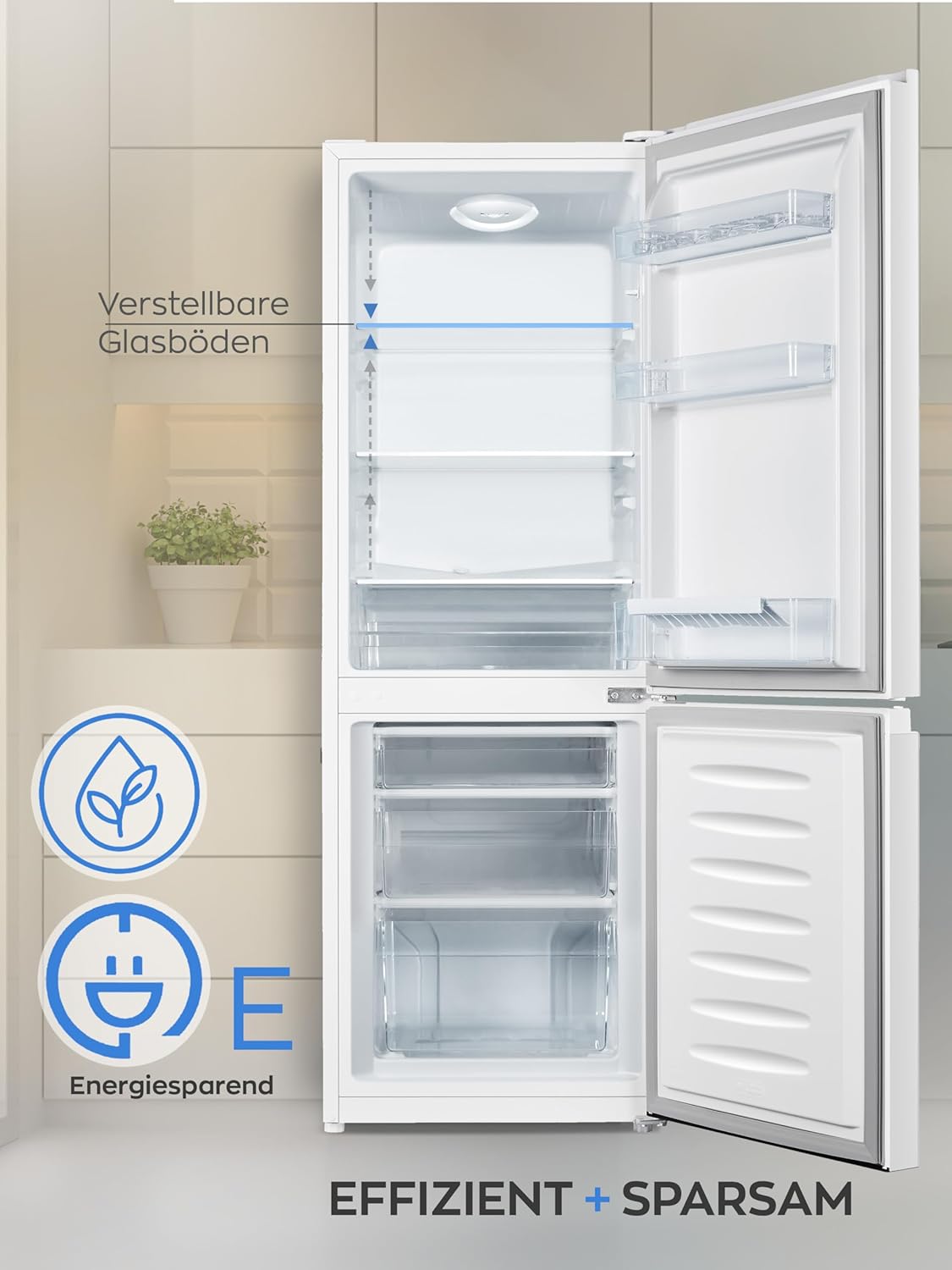 HEINRICHS Kühlgefrierkombination 175L, LED-Innenbeleuchtung, 39dB, 7 Temperaturstufen, wechselbarer Türanschlag, Weiß