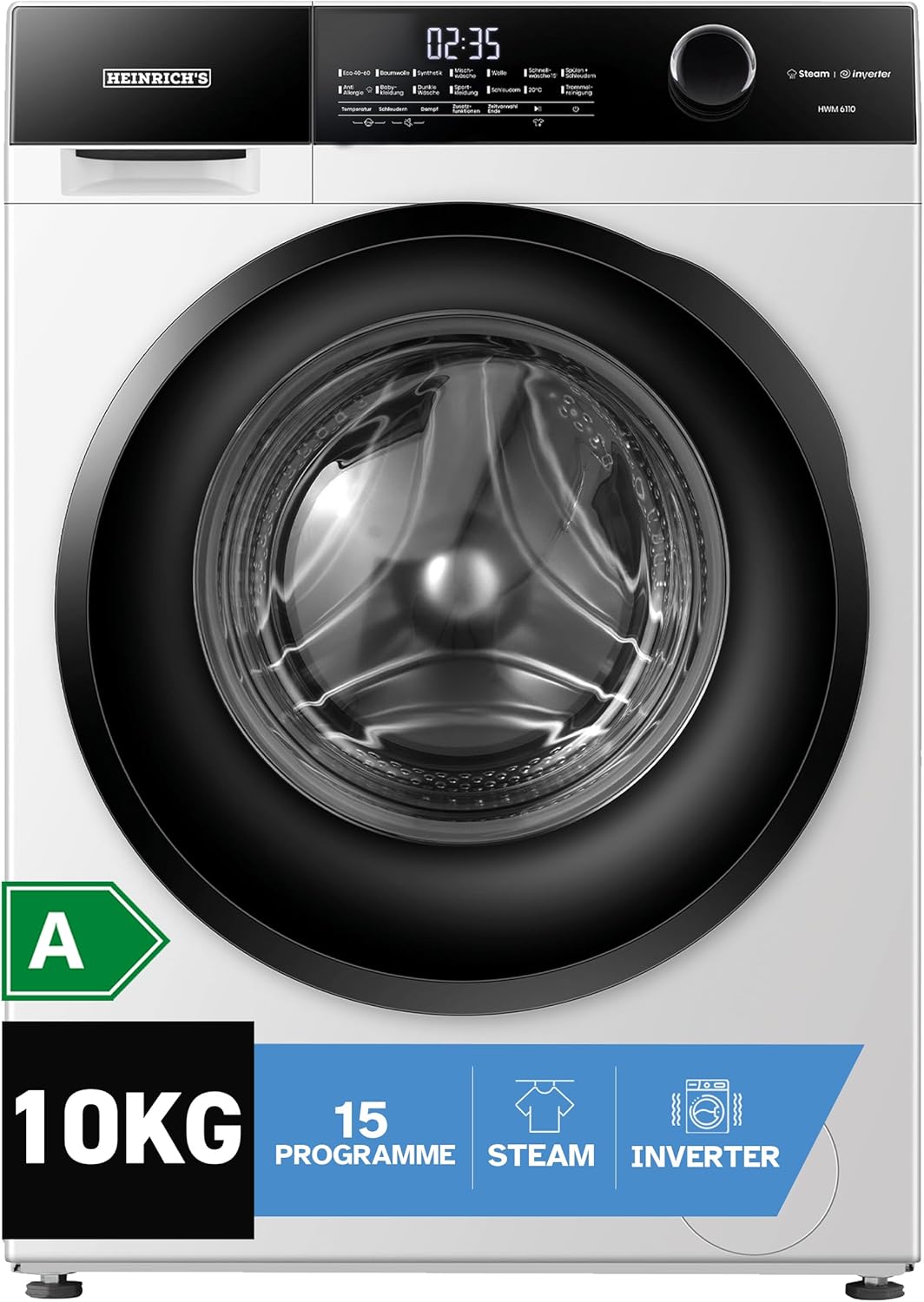 10 kg Waschmaschine mit Steam, 15 Programmen, Inverter-Motor & Timer