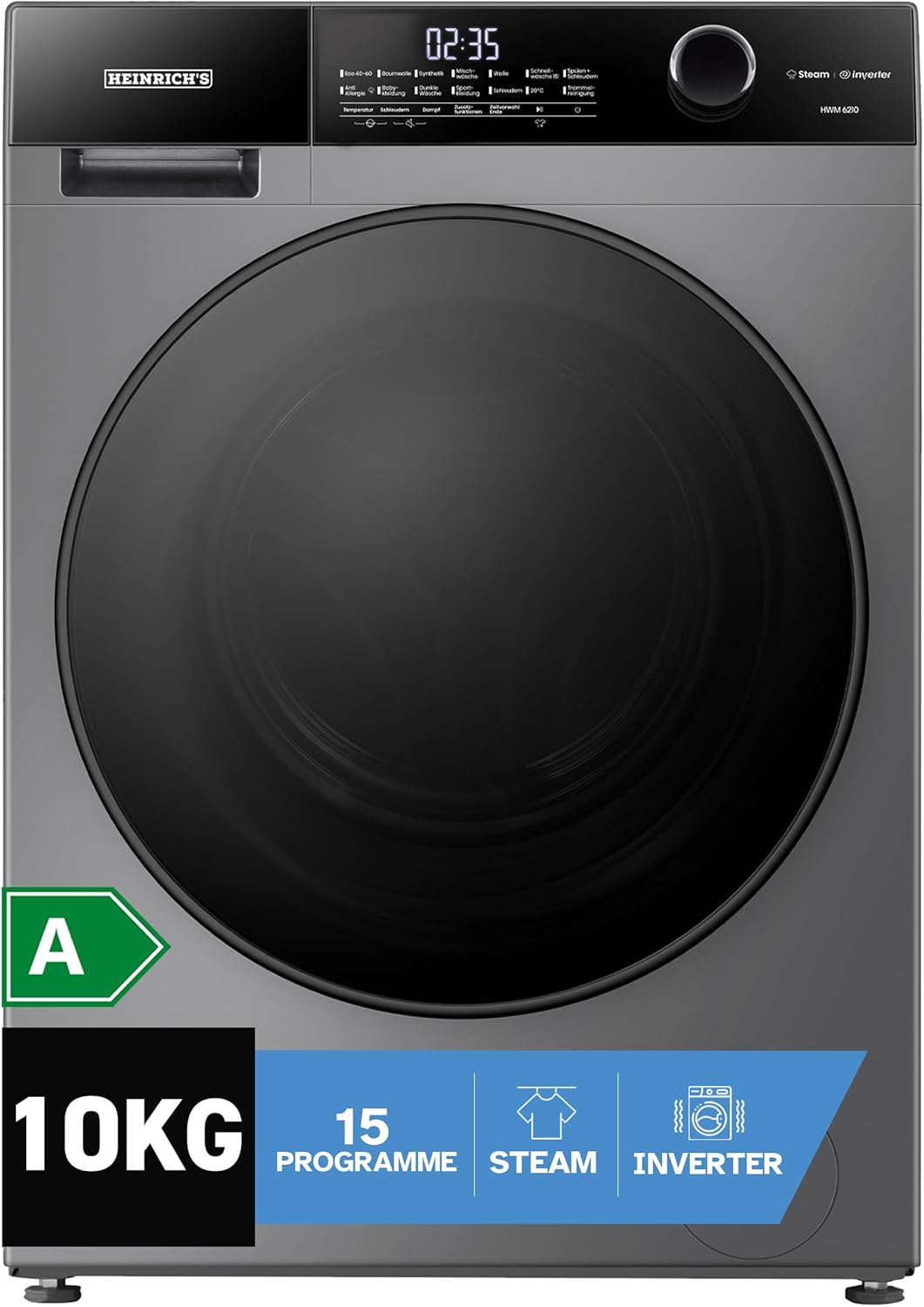 10kg Waschmaschine mit Steam-Funktion, 15 Programme, 1400 U/min, Inverter-Motor, LED-Display, Aqua-Stop, Kindersicherung, Energieklasse A, Titan-Grau