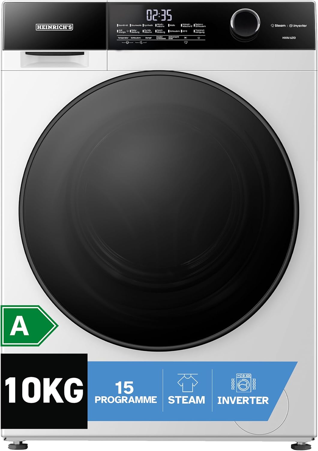 Waschmaschine 10kg, Steam-Funktion, 1400 U/min, 15 Programme, A, LED, Timer