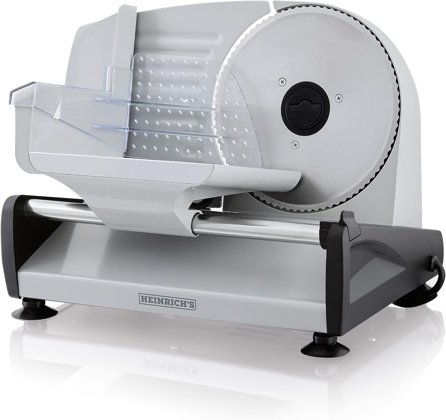 HEINRICHS Metall-Allesschneider, elektrische Brotschneidemaschine, Wurstschneidemaschine, Edelstahl-Rundmesser(Ø19cm), stufenlose Schnittstärkeneinstellung, integr. Sicherheitssperre,200W