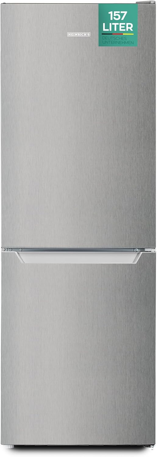 Heinrich´s Kühlgefrierkombination mit 157 L Gesamtvolumen, 109 L Kühlvolumen 48 L Gefriervolumen, LED Beleuchtung, Türanschlag wechselbar, verstellbare Füße, leise 39 dB, große Tiefkühlboxen, Inox