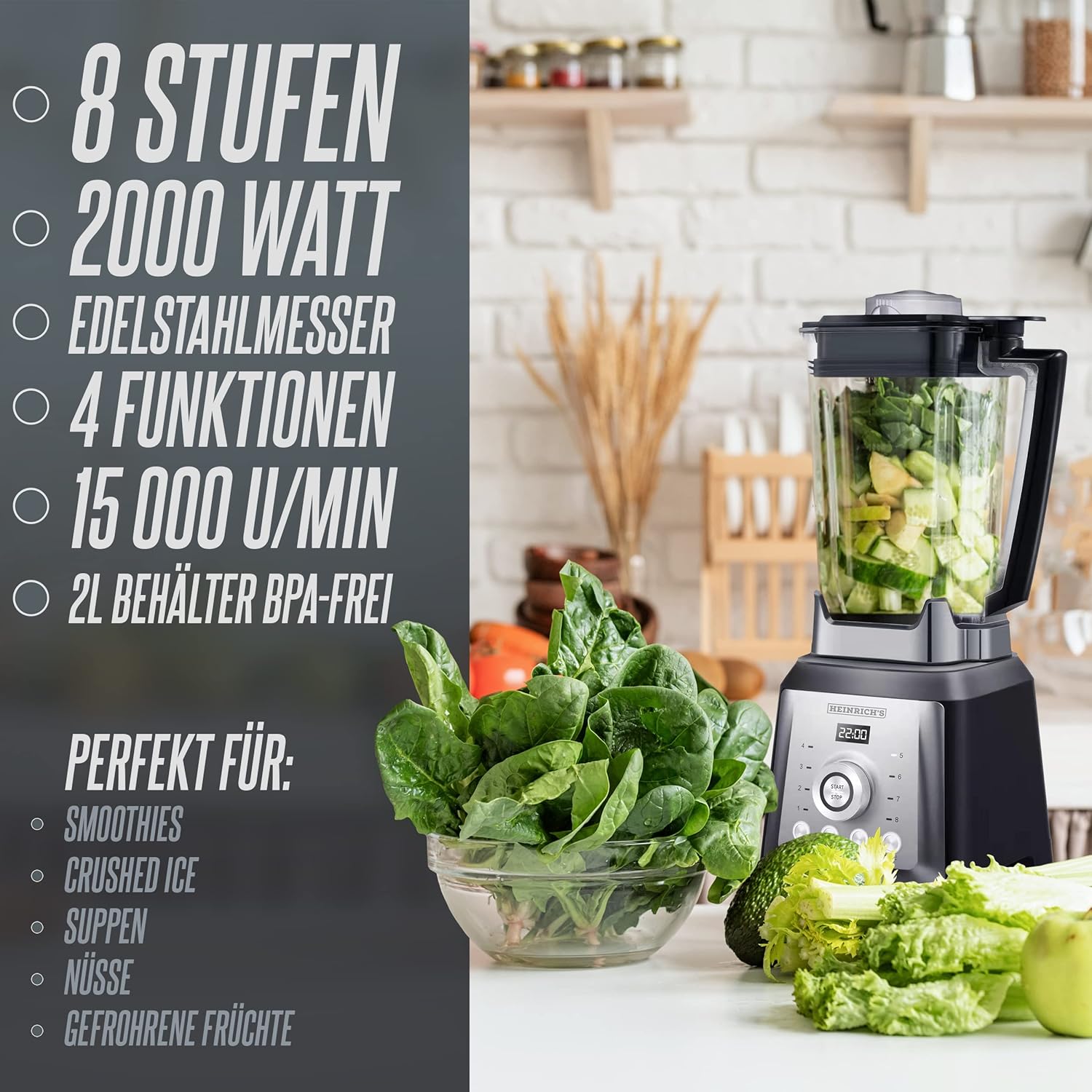 HEINRICHS Standmixer, 2000W, 32000 U/min, 4 Programme, 2L Behälter, Ice-Crush, Edelstahlklingen, BPA-frei