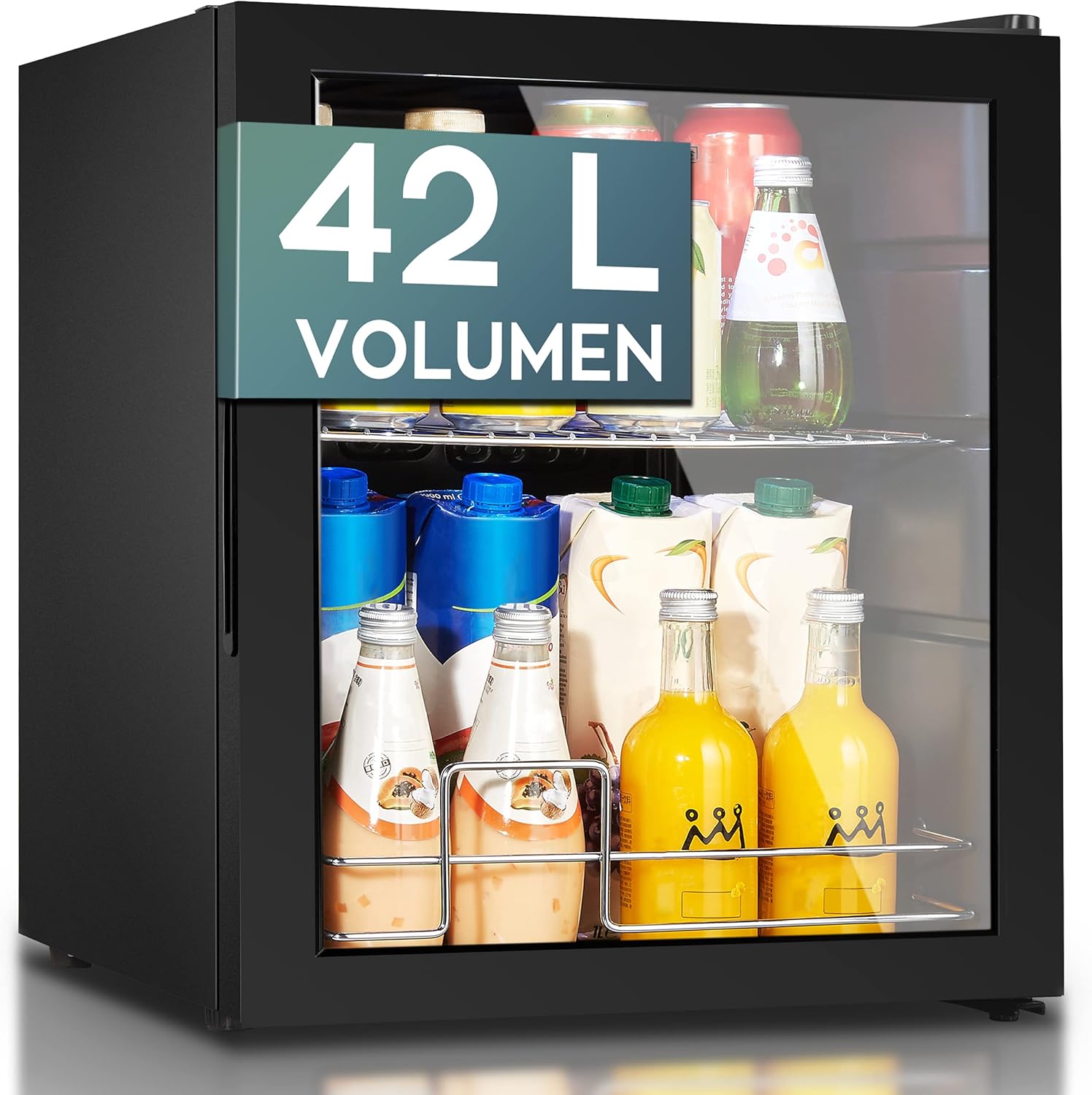 HEINRICHS Getränkekühlschrank 42L, Mini Kühlschrank mit Glastür kompakt und leise