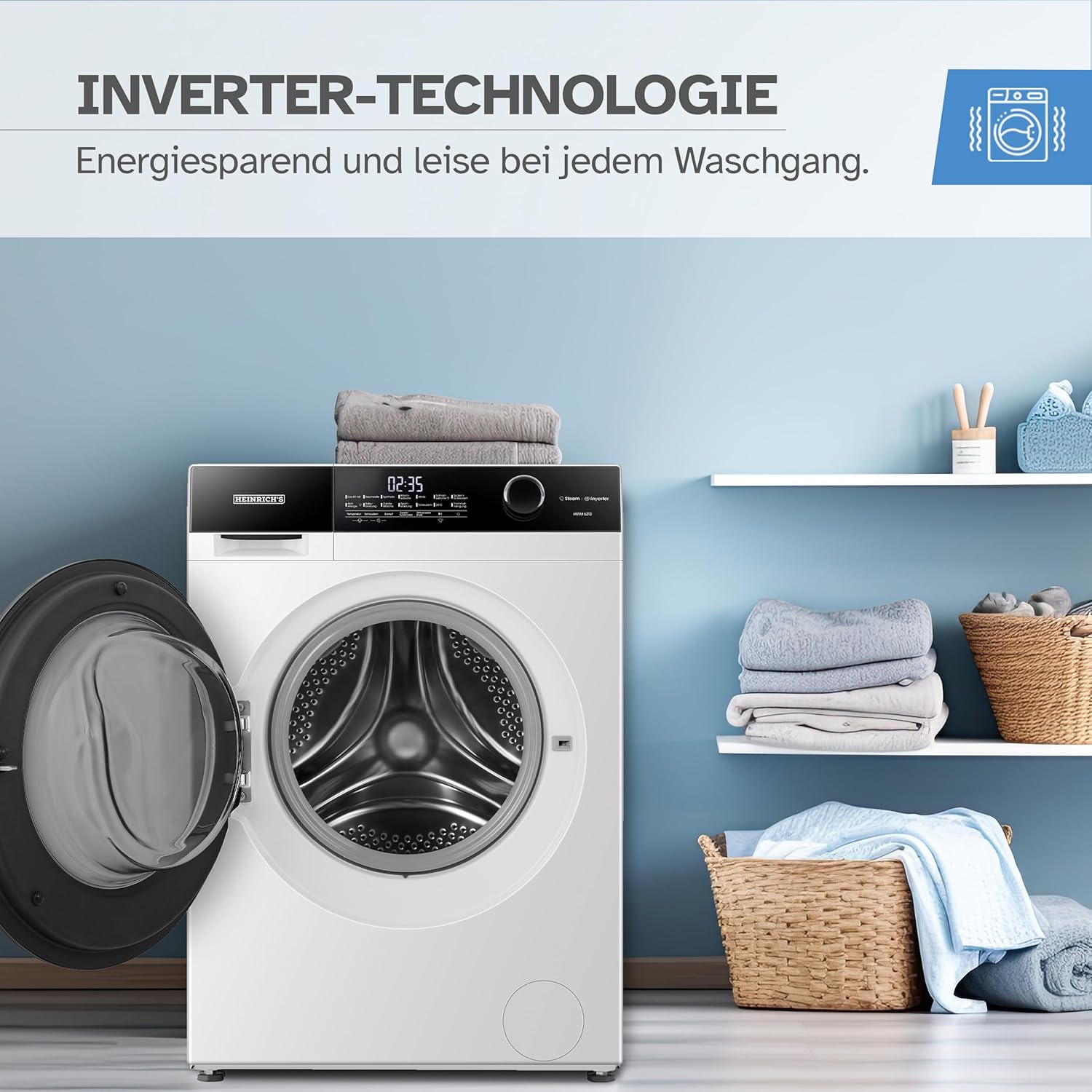 Waschmaschine 10kg, Steam-Funktion, 1400 U/min, 15 Programme, A, LED, Timer