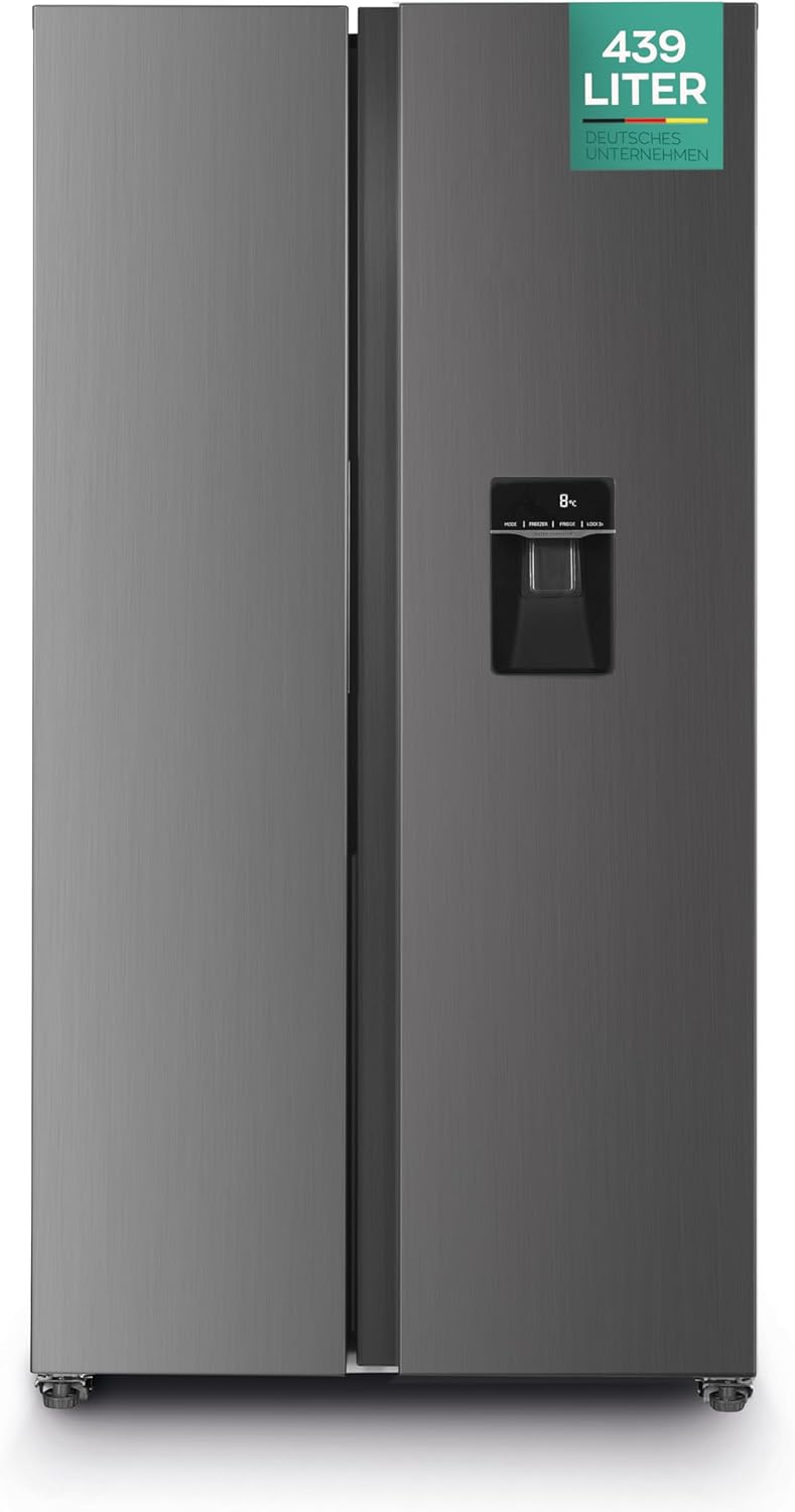 HEINRICHS Side-by-Side Kühlschrank 439L, No-Frost, Wasserspender, Touch, LED, Inox