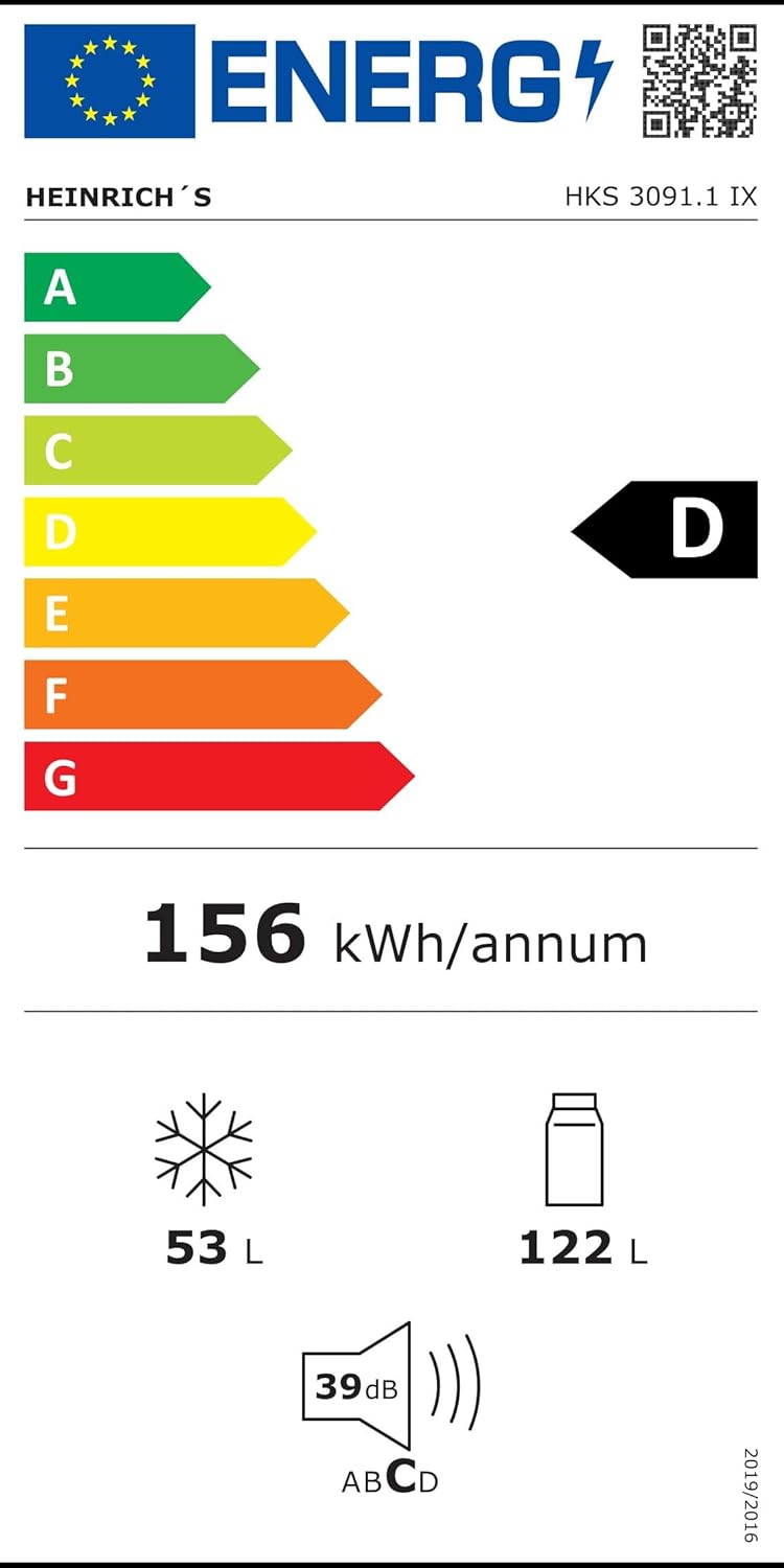 HEINRICHS Kühlgefrierkombination 175L, LED, 39dB, 7 Temperaturstufen, wechselbarer Türanschlag, Inox