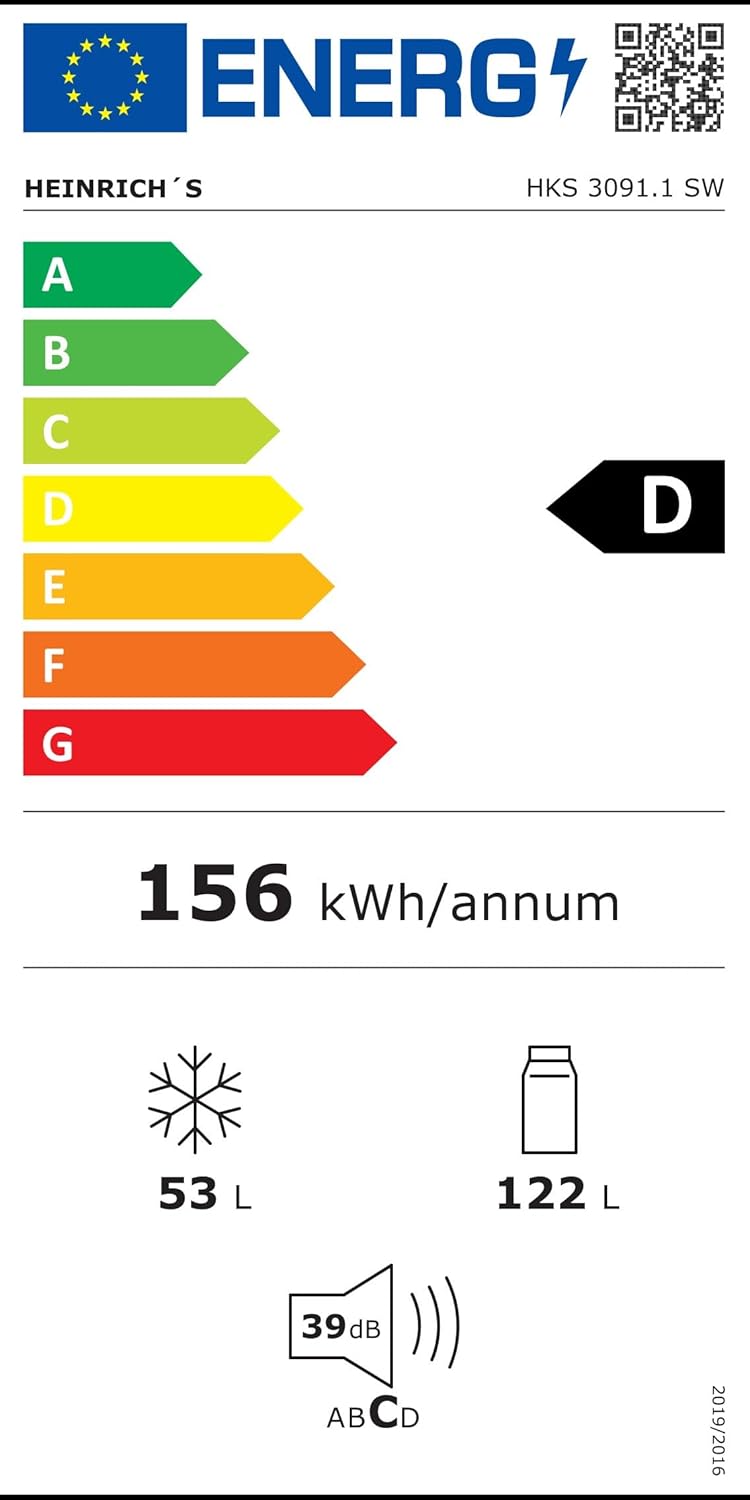 HEINRICHS Kühlgefrierkombination 175L, LED, 39dB, 7 Temperaturstufen, wechselbarer Türanschlag, Schwarz