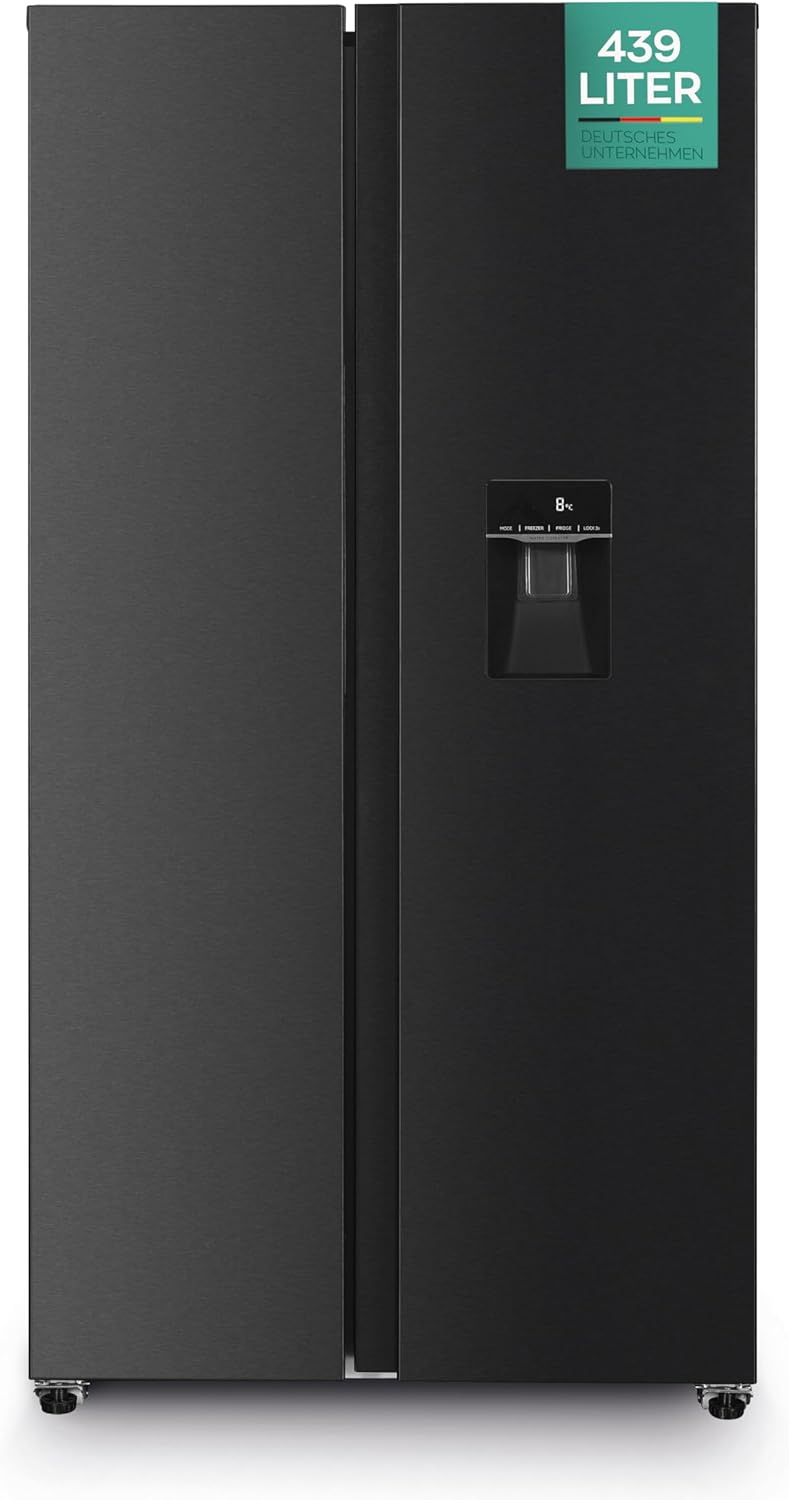 HEINRICHS Side-by-Side Kühlschrank 439L, No-Frost, Wasserspender, Touch, LED, Schwarz-Inox