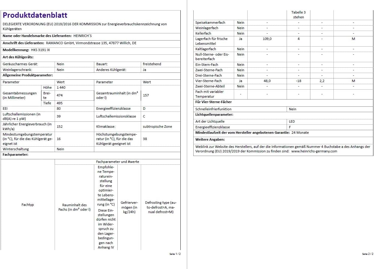 HEINRICHS Kühlgefrierkombination 157L, LED, 39dB, wechselbarer Türanschlag, Inox