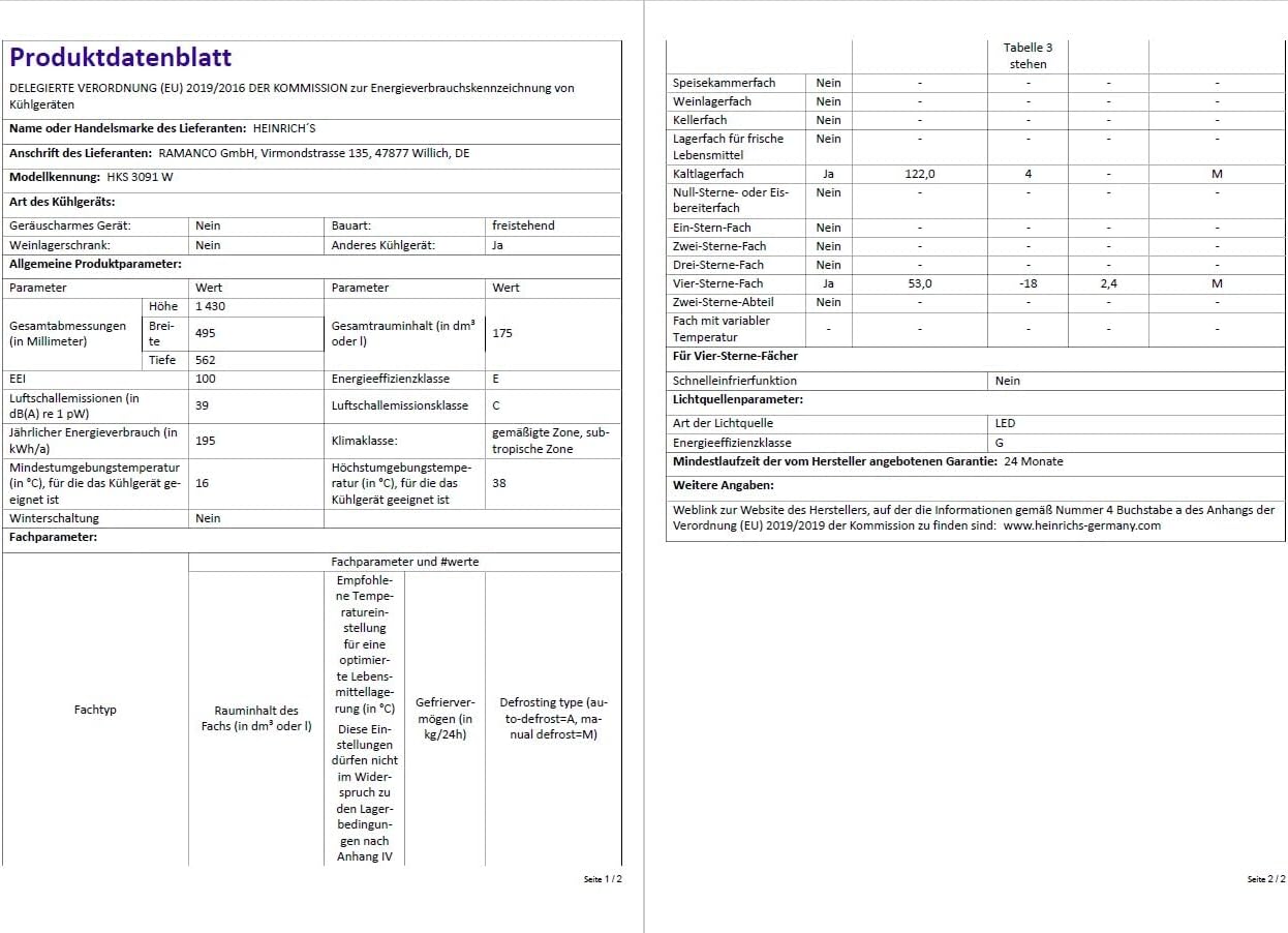 HEINRICHS Kühlgefrierkombination 175L, LED, 39dB, 7 Temperaturstufen, wechselbarer Türanschlag, Weiß