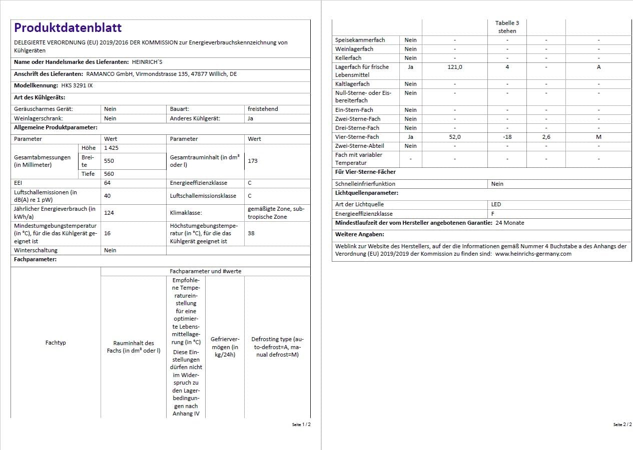 HEINRICHS Kühlgefrierkombination 173L, LED-Beleuchtung, 40dB, 7 Temperaturstufen, wechselbarer Türanschlag, Inox