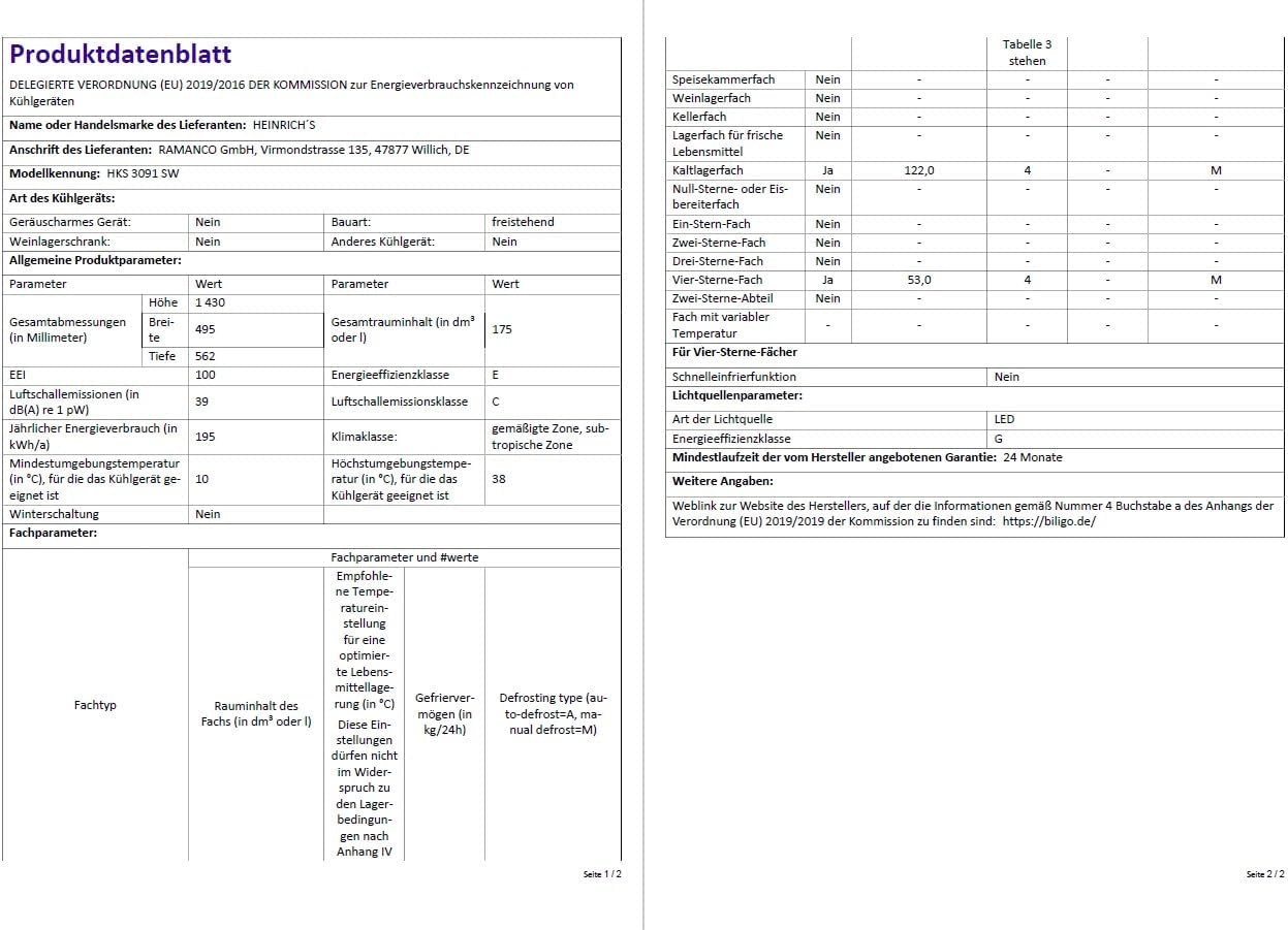 HEINRICHS Kühlgefrierkombination 175L, LED-Innenbeleuchtung, 39dB, 7 Temperaturstufen, wechselbarer Türanschlag, Schwarz