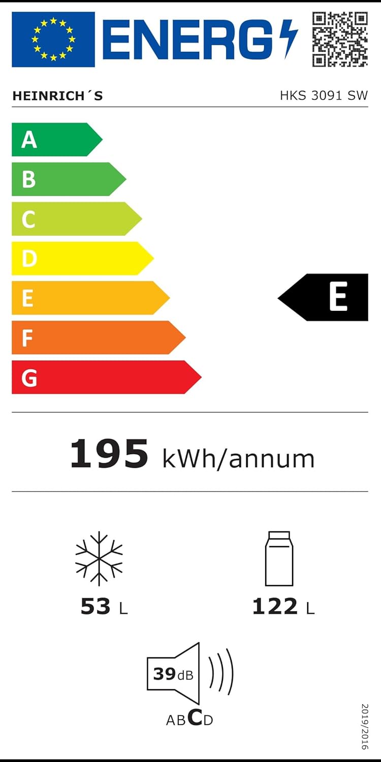 HEINRICHS Kühlgefrierkombination 175L, LED-Innenbeleuchtung, 39dB, 7 Temperaturstufen, wechselbarer Türanschlag, Schwarz