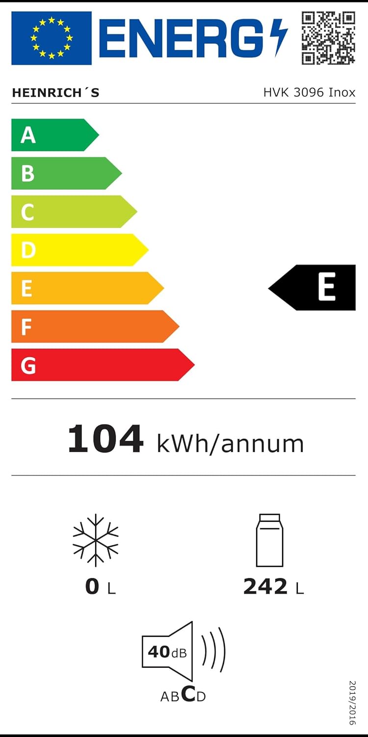 HEINRICHS Kühlschrank 242L, LED-Beleuchtung, 5 Glasablagen, 7 Temperaturstufen, wechselbarer Türanschlag, 40dB, Inox