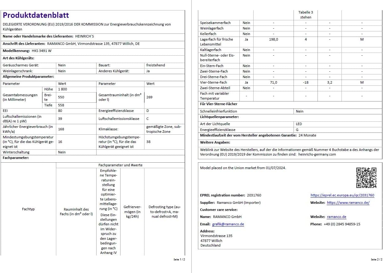 Heinrich´s HEINRICHS Kühlgefrierkombination 269 Liter, Kühlvolumen 198L, Gefrierfach 71L,LED Beleuchtung,Kühlschrank Türanschlag wechselbar, leise 39dB,große Tiefkühlboxen, 7 Temperaturstufen, (weiß)