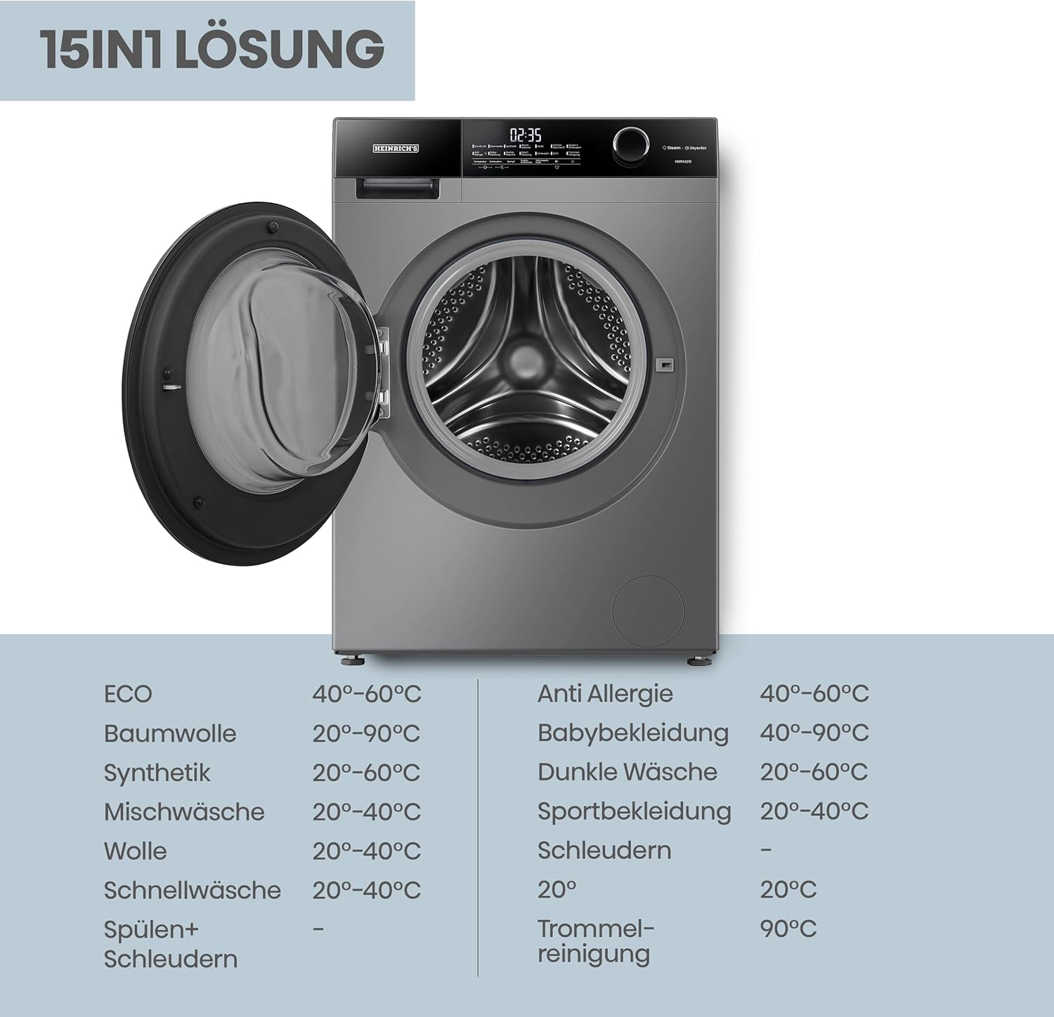 10kg Waschmaschine mit Steam-Funktion, 15 Programme, 1400 U/min, Inverter-Motor, LED-Display, Aqua-Stop, Kindersicherung, Energieklasse A, Titan-Grau