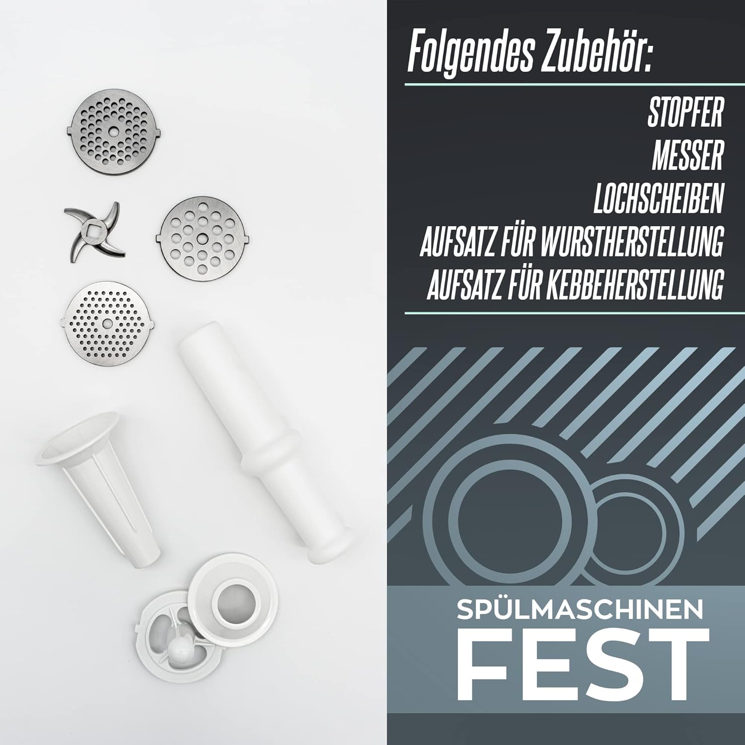 HEINRICHS Fleischwolf & Wurstmaschine, 1800W, 3 Hacksiebe, Kebbeaufsatz, Wurstaufsatz, 2KG/min, Metallgetriebe