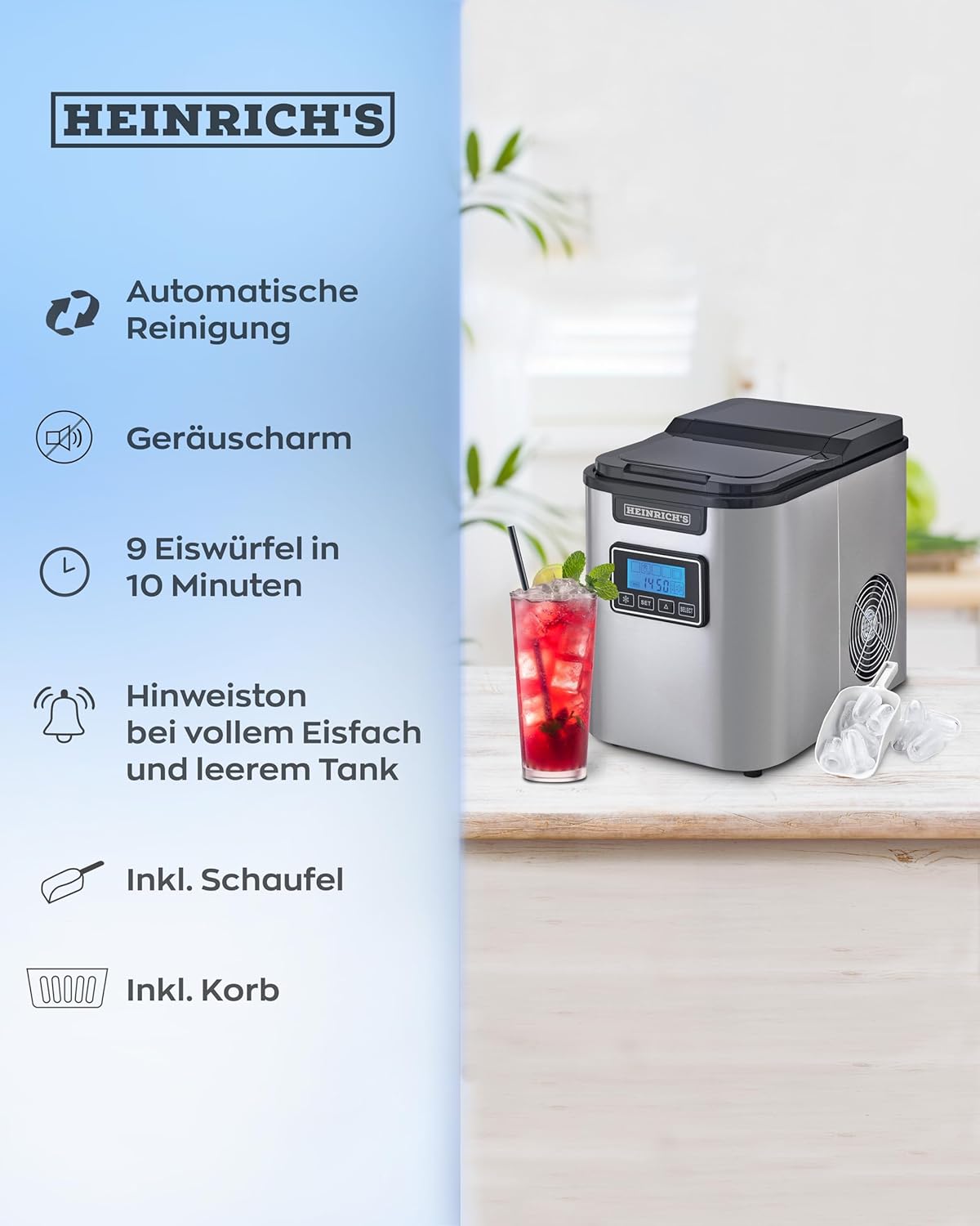 HEINRICHS Eiswürfelmaschine 120W, 2,2L Tank, 3 Eisgrößen, Timer, Selbstreinigung, Edelstahl