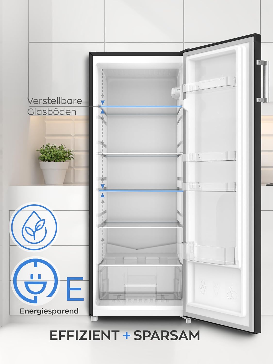 HEINRICHS Kühlschrank 241L, LED, 5 Glasablagen, wechselbarer Türanschlag, 39dB, Schwarz