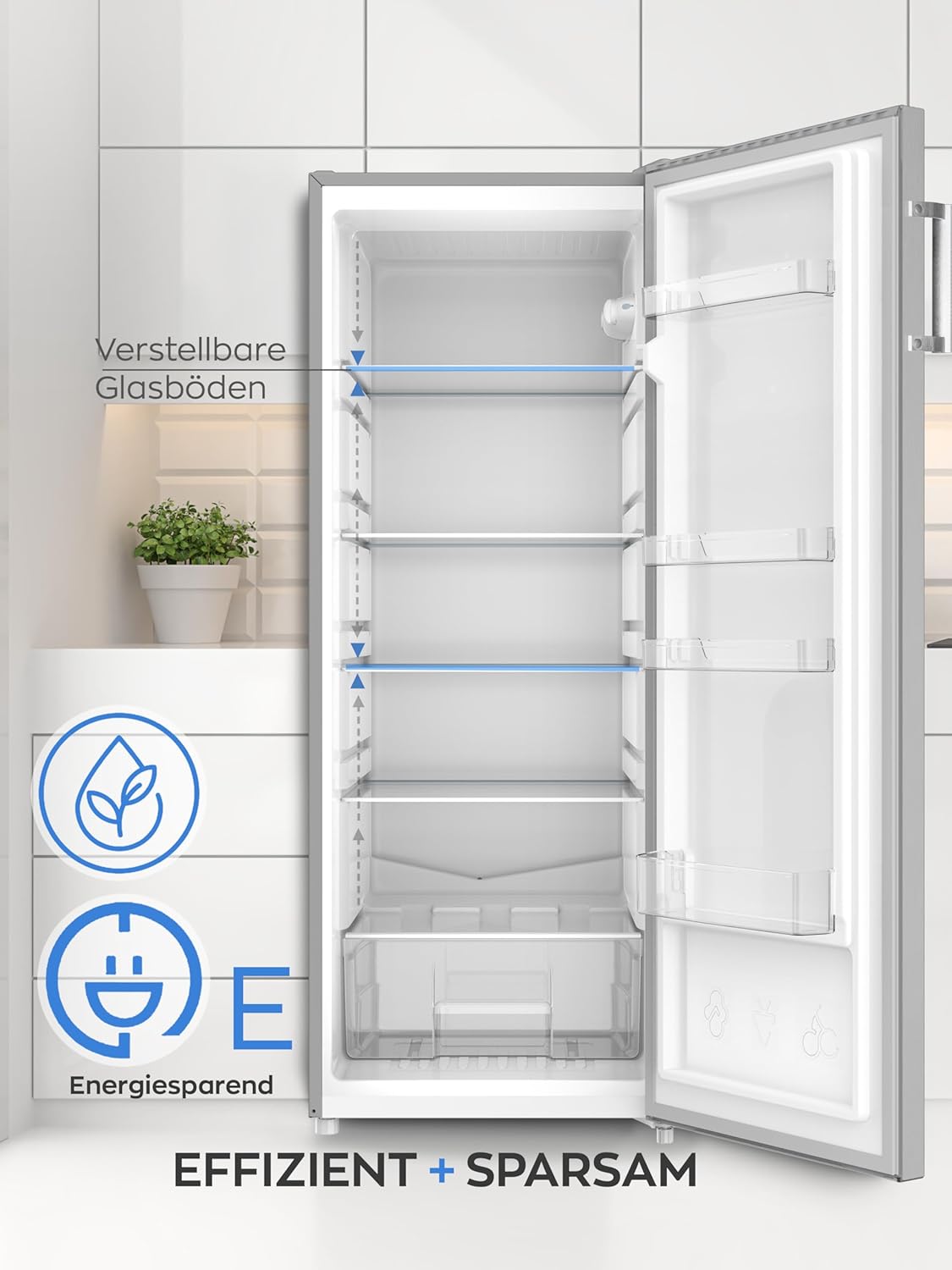 HEINRICHS Kühlschrank 241L, LED, 5 Glasablagen, wechselbarer Türanschlag, 39dB, Inox