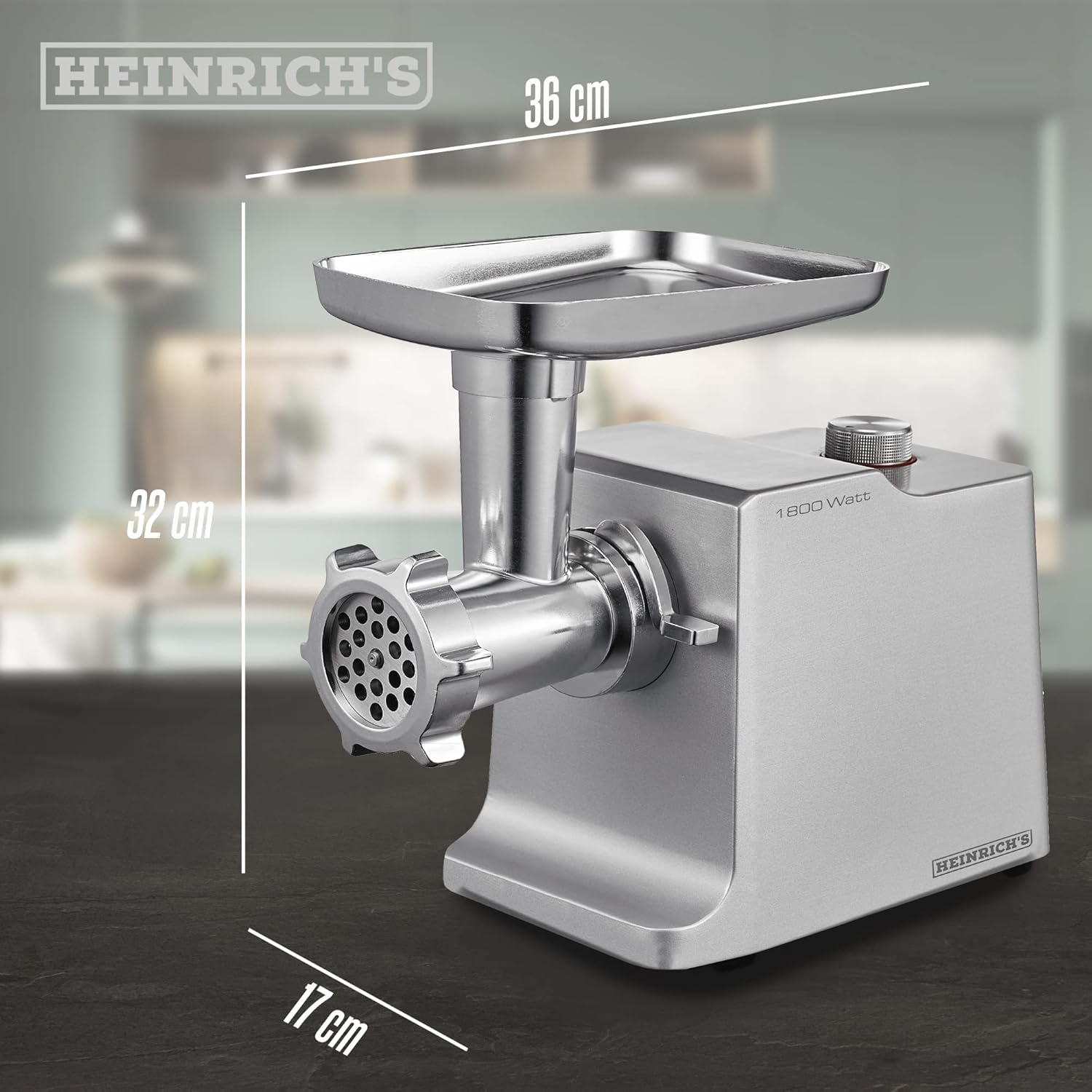 HEINRICHS Fleischwolf & Wurstmaschine, 1800W, 3 Hacksiebe, Kebbeaufsatz, Wurstaufsatz, 2KG/min, Metallgetriebe