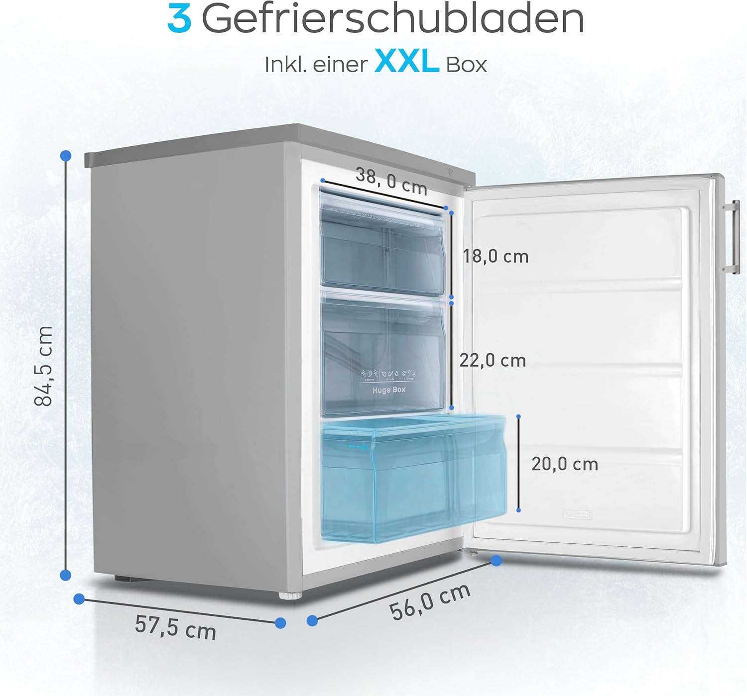 HEINRICHS Gefrierschrank 85L, 3 Schubladen, stufenlose Temperaturregelung, Airflow, Inox