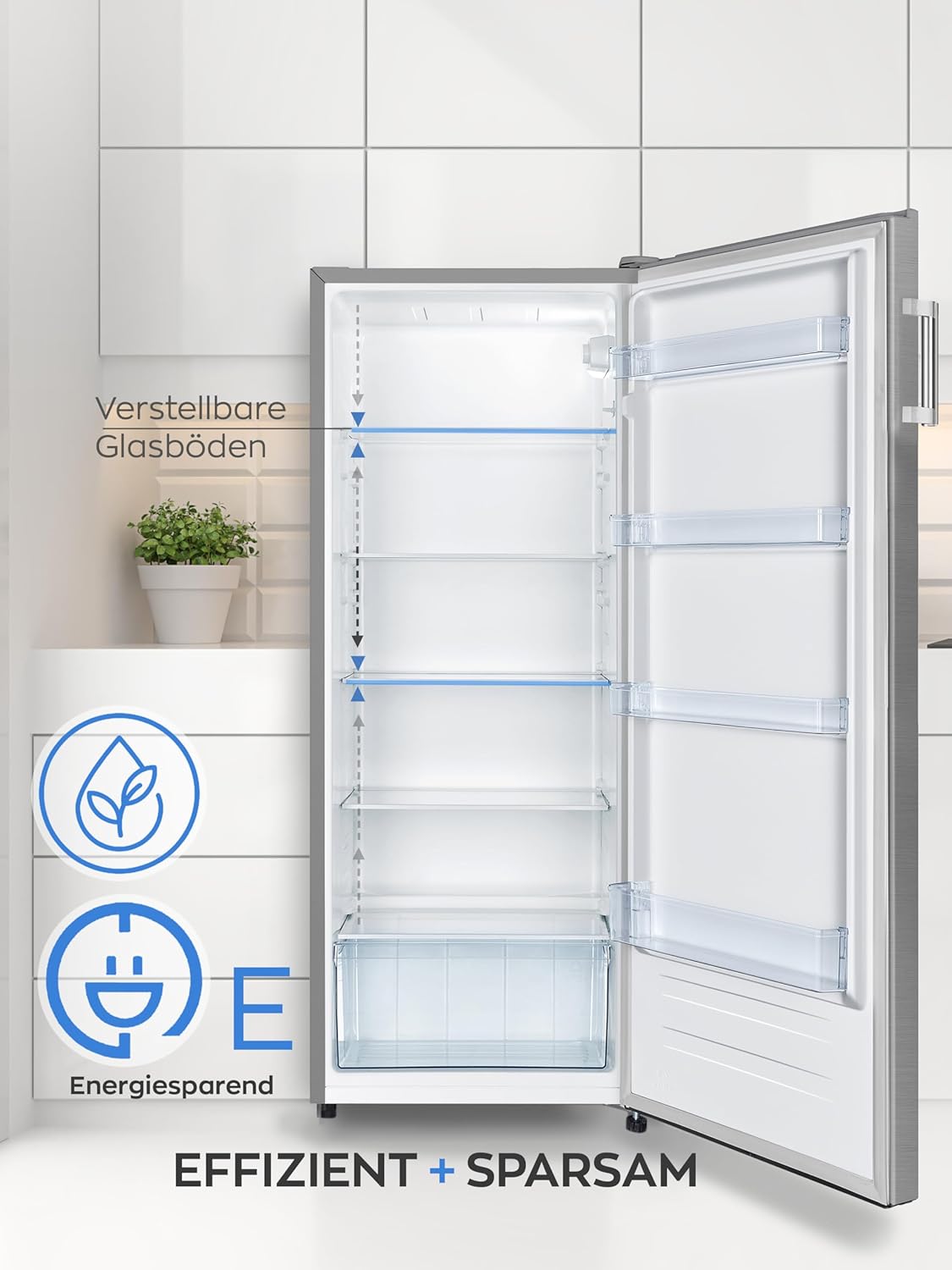 HEINRICHS Kühlschrank 242L, LED-Beleuchtung, 5 Glasablagen, 7 Temperaturstufen, wechselbarer Türanschlag, 40dB, Inox