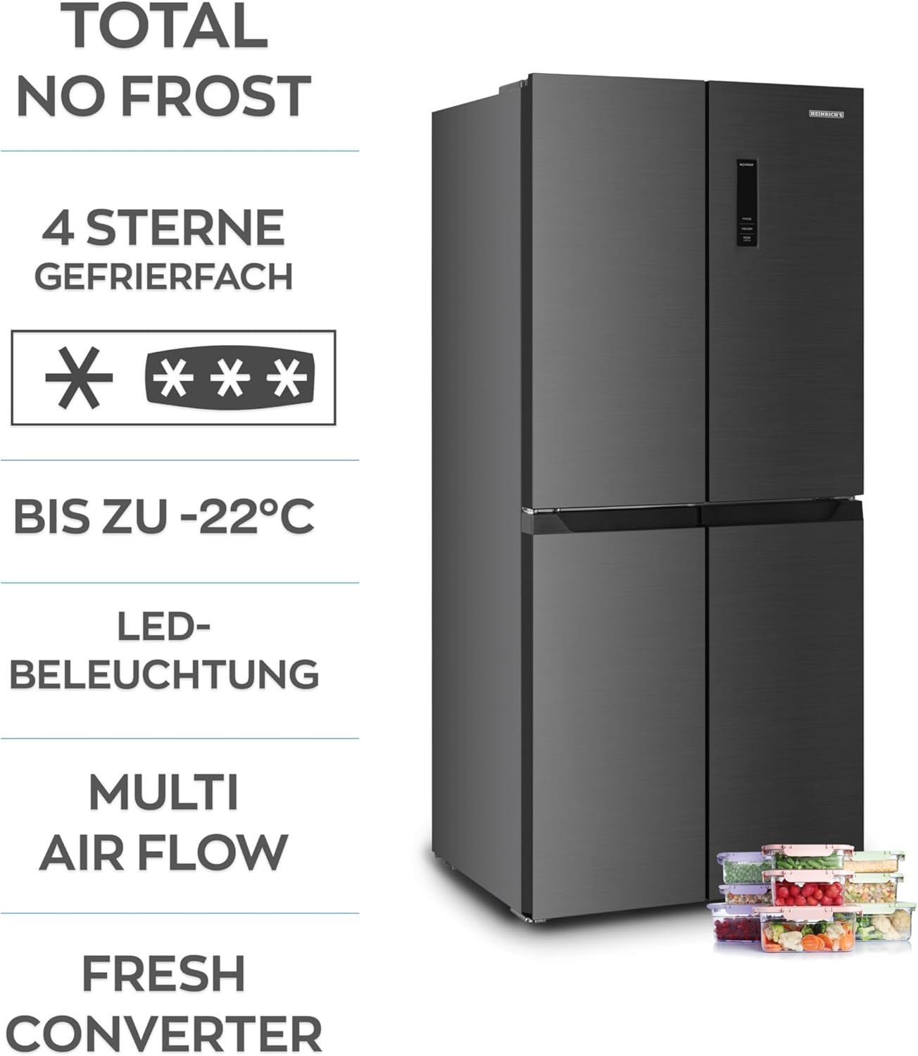 HEINRICHS Cross-Door Kühlschrank 421L, No-Frost, LED, Multi-Airflow, Fresh Converter, Inox