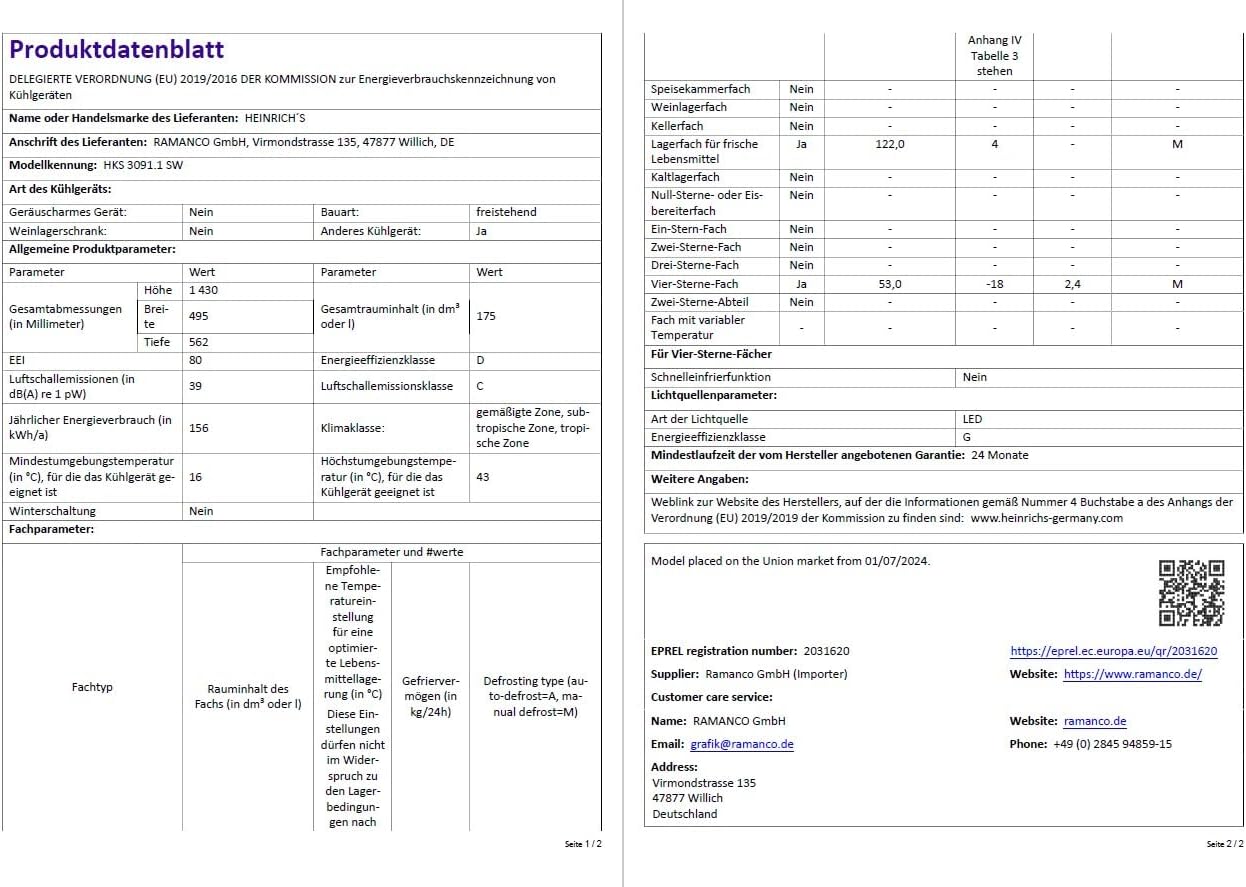 HEINRICHS Kühlgefrierkombination 175L, LED, 39dB, 7 Temperaturstufen, wechselbarer Türanschlag, Schwarz