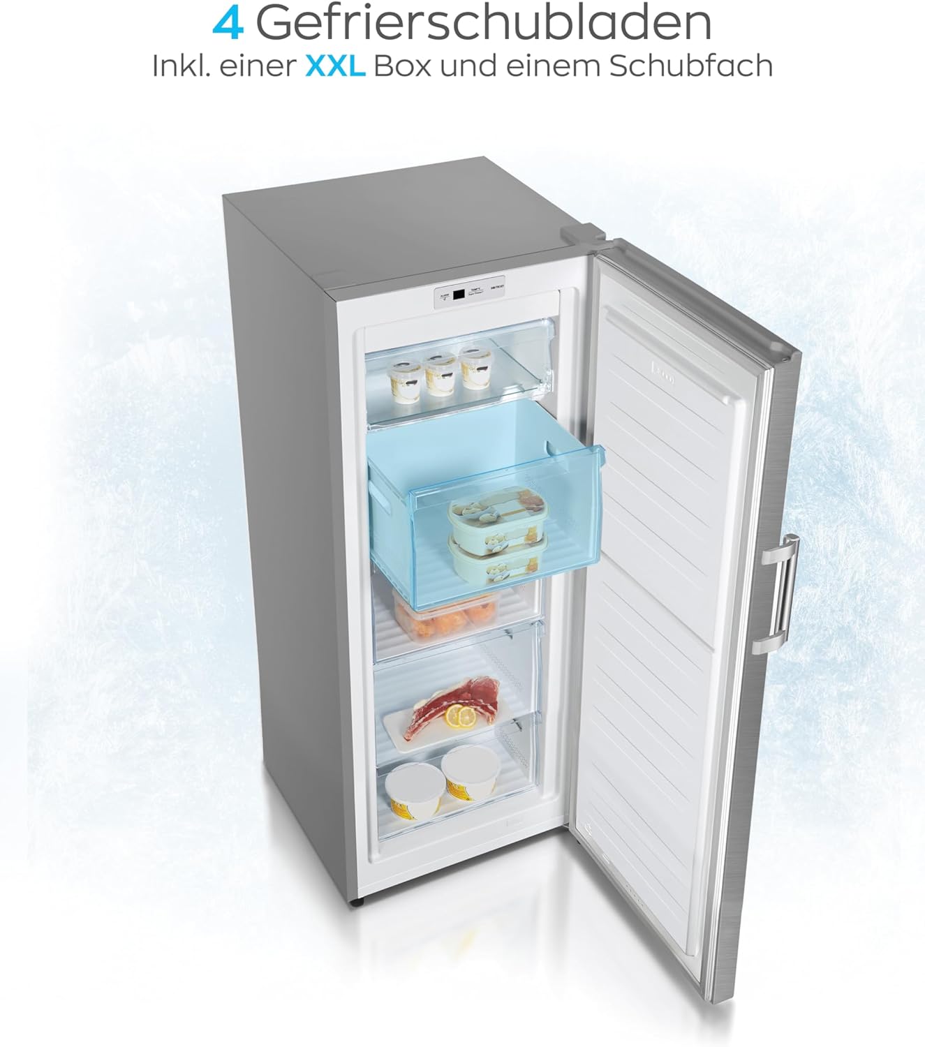 HEINRICHS Gefrierschrank 155L, No-Frost, 4 Schubladen, LED-Display, Airflow, Alarmfunktion, Inox
