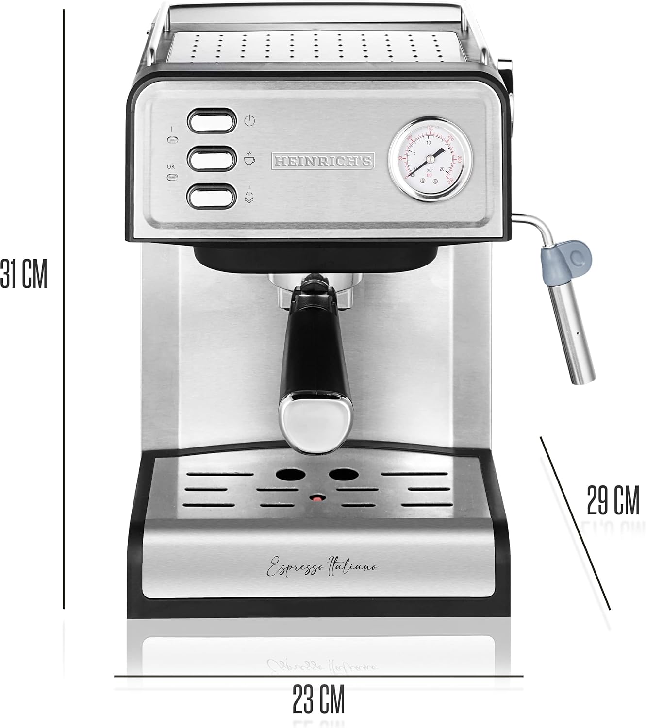 HEINRICHS Espressomaschine 850W, 20 Bar, Milchaufschäumer, 1,6L Tank, Warmhalteplatte