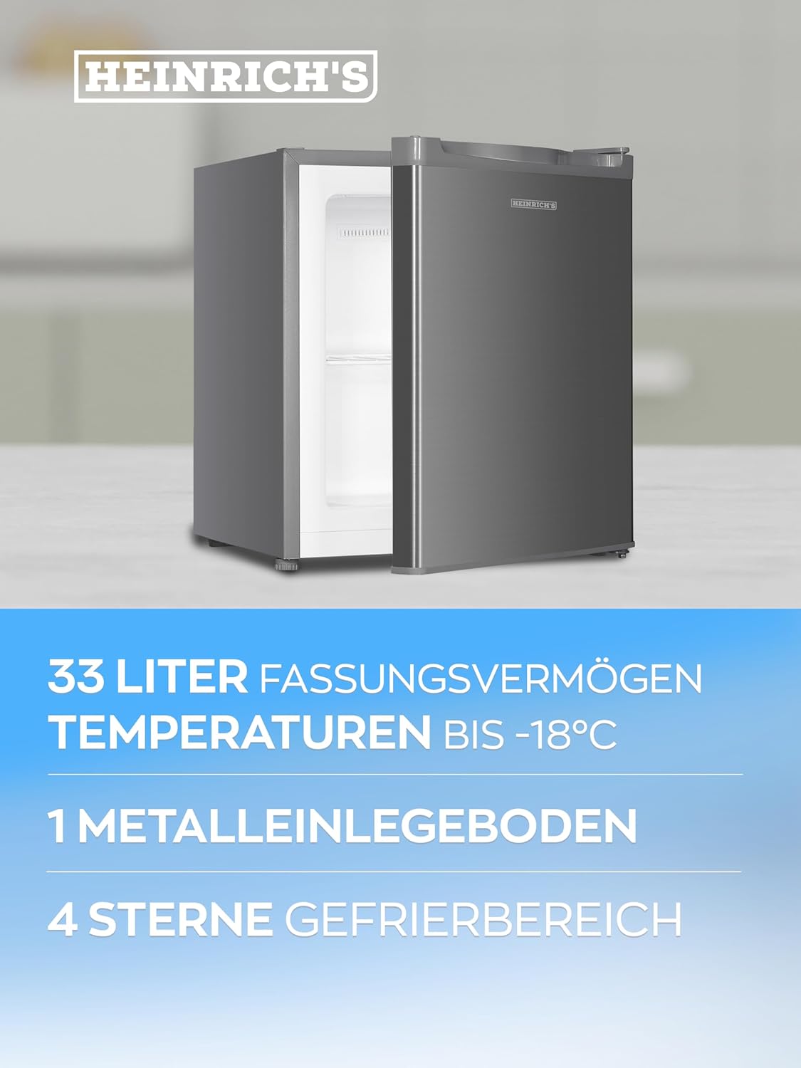 HEINRICHS Mini Gefrierschrank 33L, 40dB, wechselbarer Türanschlag, bis -18°C, für Büro & Outdoor, Edelstahl/Inox