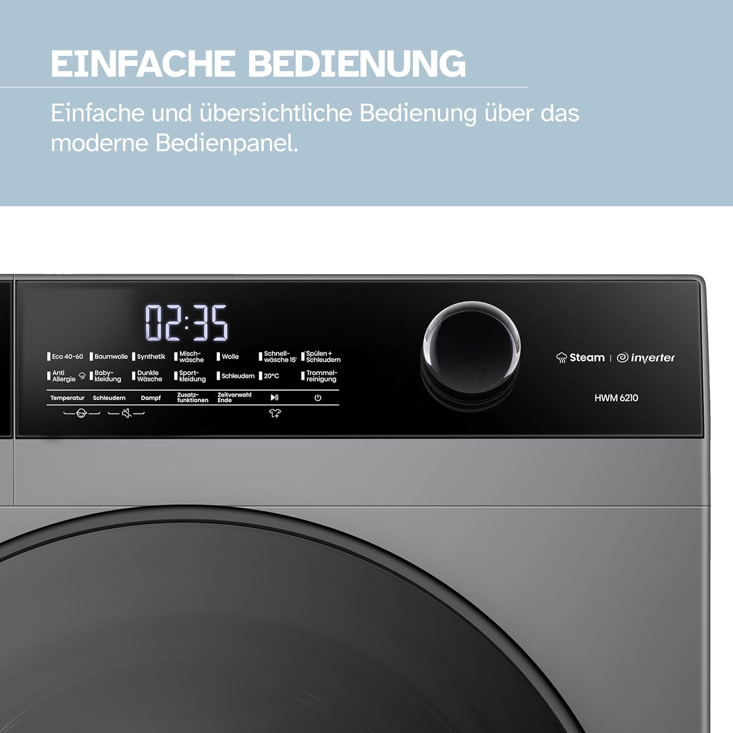 10kg Waschmaschine mit Steam-Funktion, 15 Programme, 1400 U/min, Inverter-Motor, LED-Display, Aqua-Stop, Kindersicherung, Energieklasse A, Titan-Grau