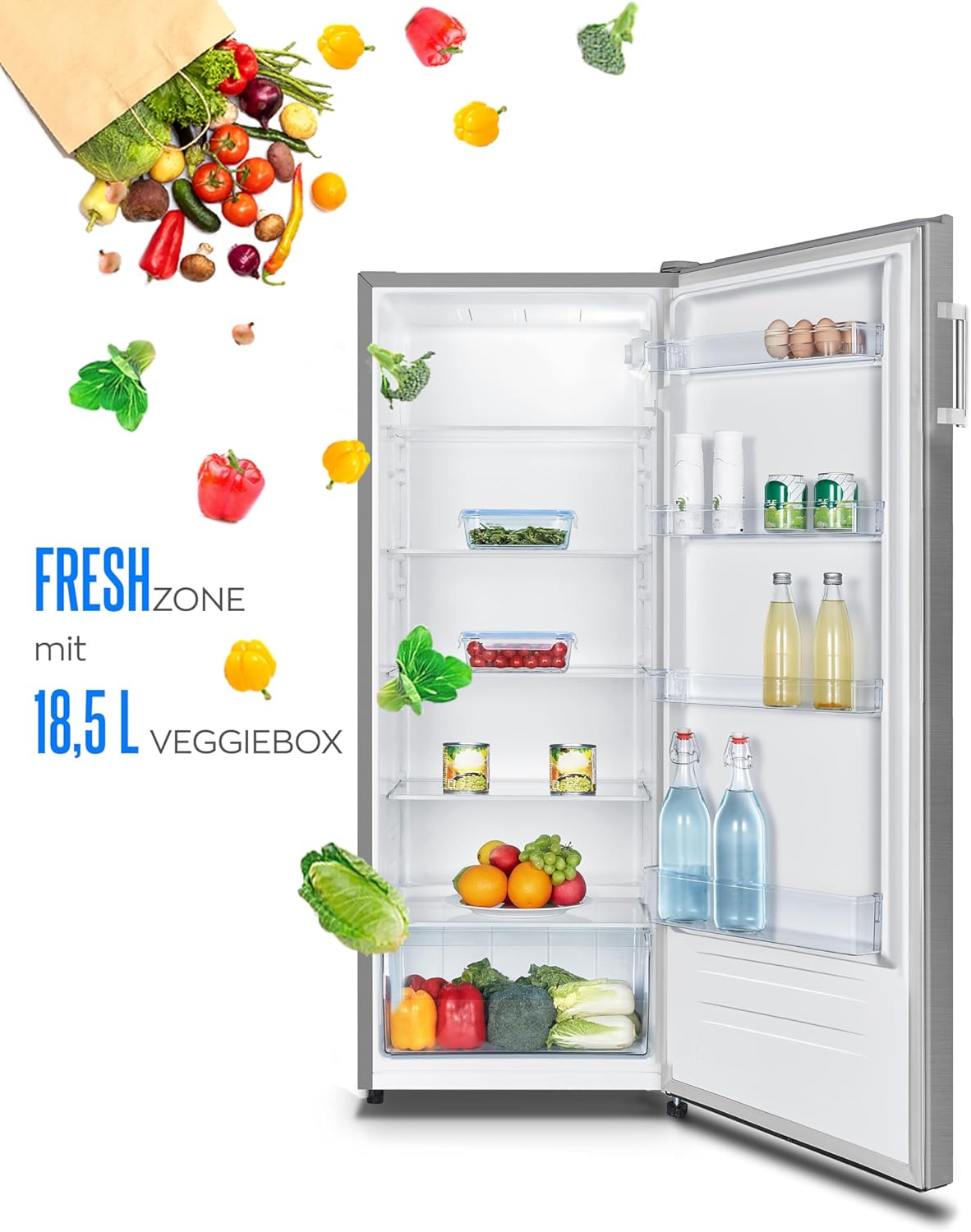 HEINRICHS Kühlschrank 242L, LED-Beleuchtung, 5 Glasablagen, 7 Temperaturstufen, wechselbarer Türanschlag, 40dB, Inox