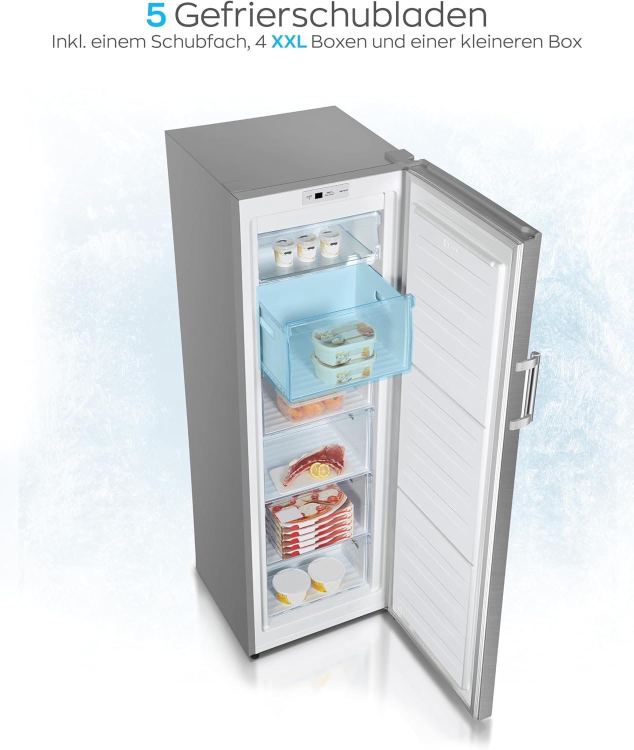 HEINRICHS Gefrierschrank 194L, No-Frost, 5 Schubladen, LED-Display, Airflow, Alarmfunktion, Inox