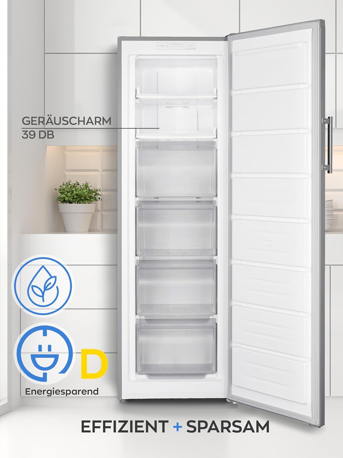 HEINRICHS Gefrierschrank 204L, No-Frost, LED-Display, 4 Schubladen, Alarmfunktion, inox