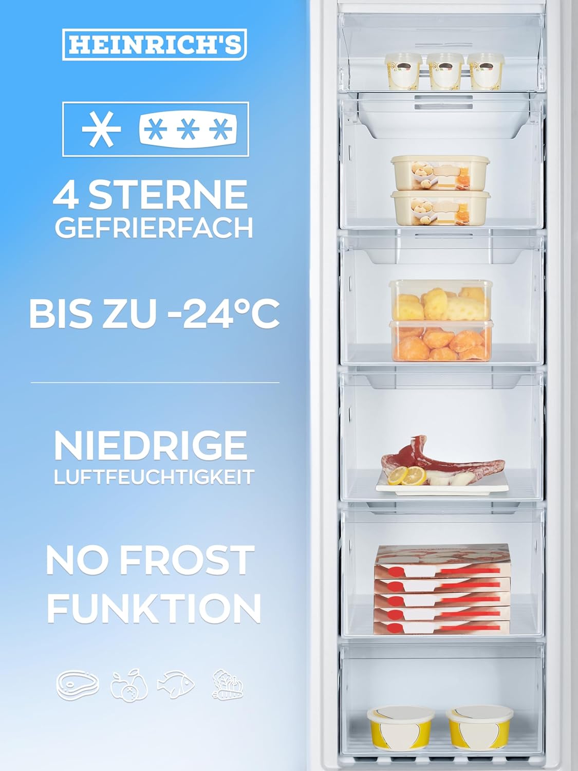 HEINRICHS Gefrierschrank 194L, No-Frost, 5 Schubladen, LED-Display, Airflow, Alarmfunktion, Inox