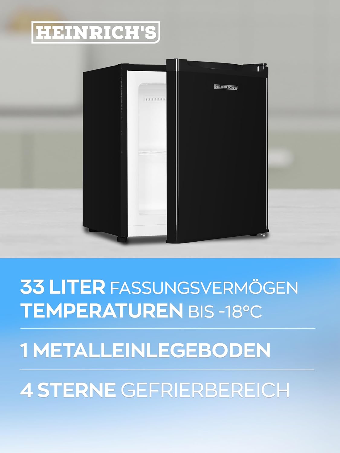 HEINRICHS Mini Gefrierschrank 33L, 40dB, wechselbarer Türanschlag, bis -18°C, perfekt für Büro & Outdoor, Schwarz