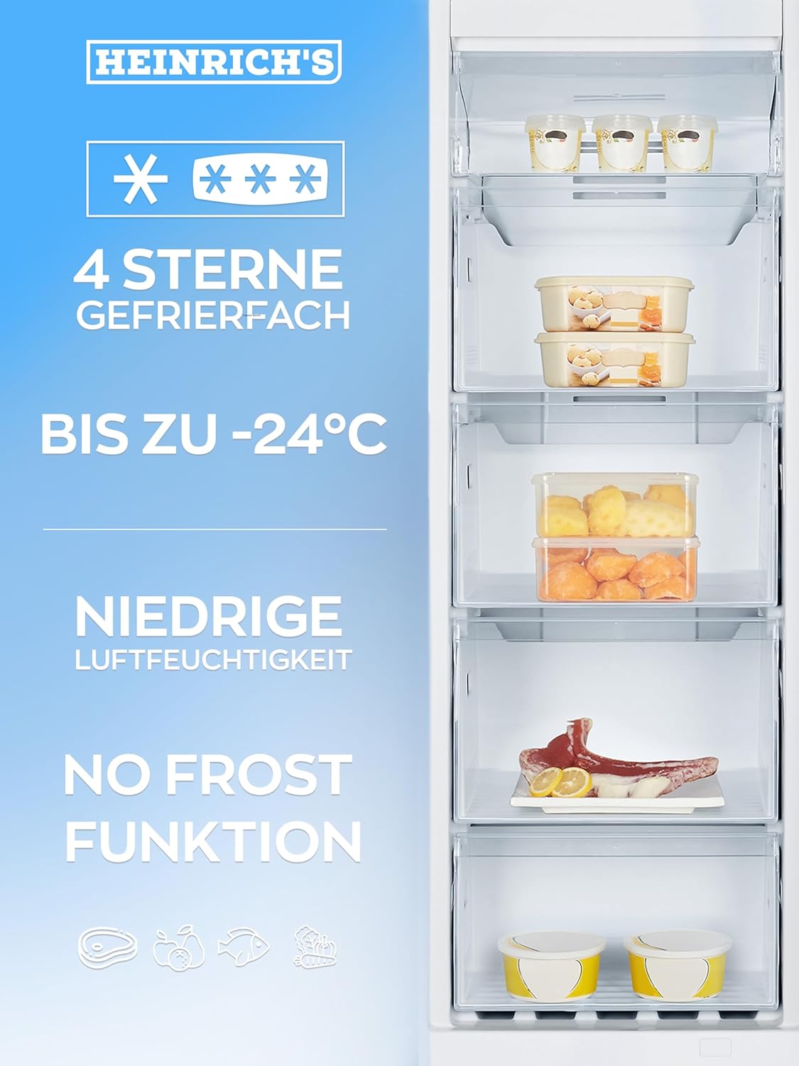 HEINRICHS Gefrierschrank 85L, No-Frost, 4 Schubladen, LED-Display, Airflow, Alarmfunktion, Weiß