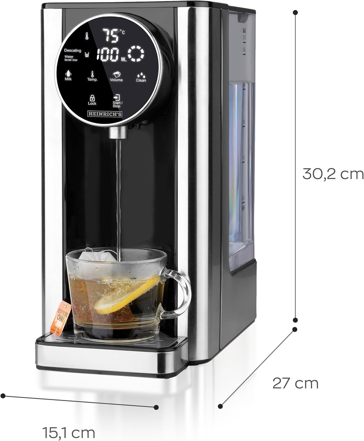 HEINRICHS Heißwasserspender, 40°-100°C, 100ml-400ml auswählbar, Touch-Display, 2,7L Tank, Reinigungsfunktion
