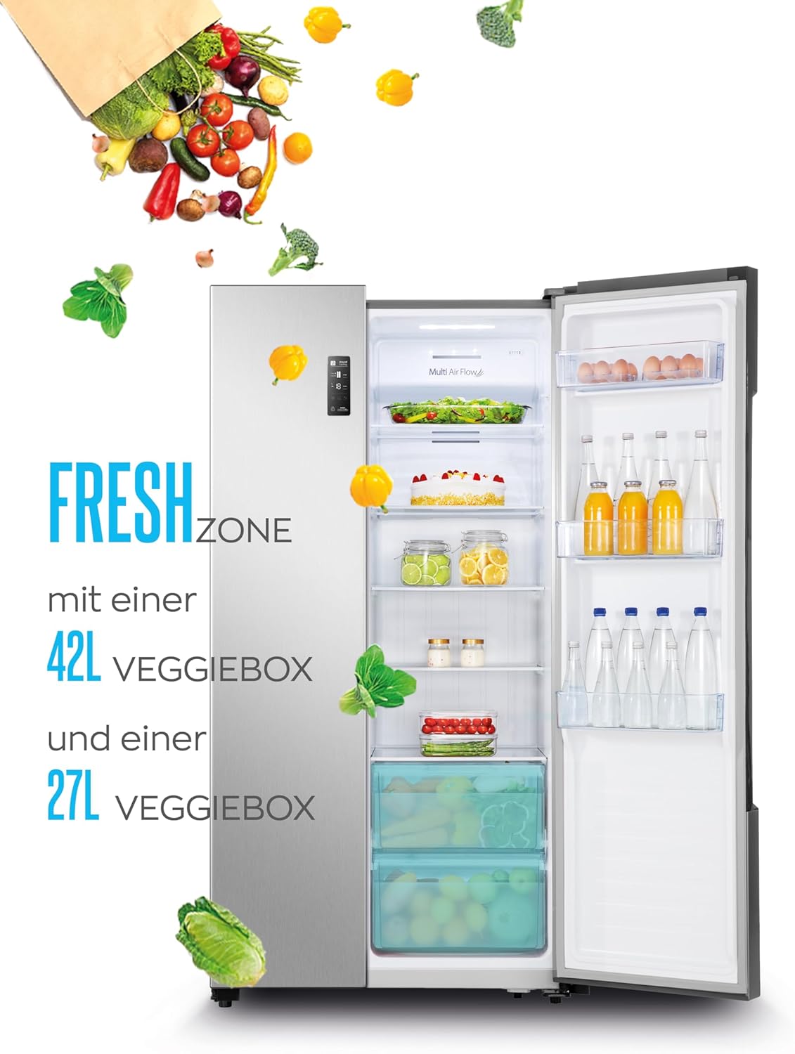 HEINRICHS Side-by-Side Kühlschrank 519L, No-Frost, LED-Touch, Multi-Airflow, Inox