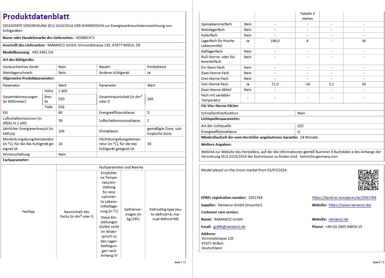 HEINRICHS Kühlgefrierkombination 269L, LED, 39dB, 7 Temperaturstufen, wechselbarer Türanschlag, Schwarz-Inox