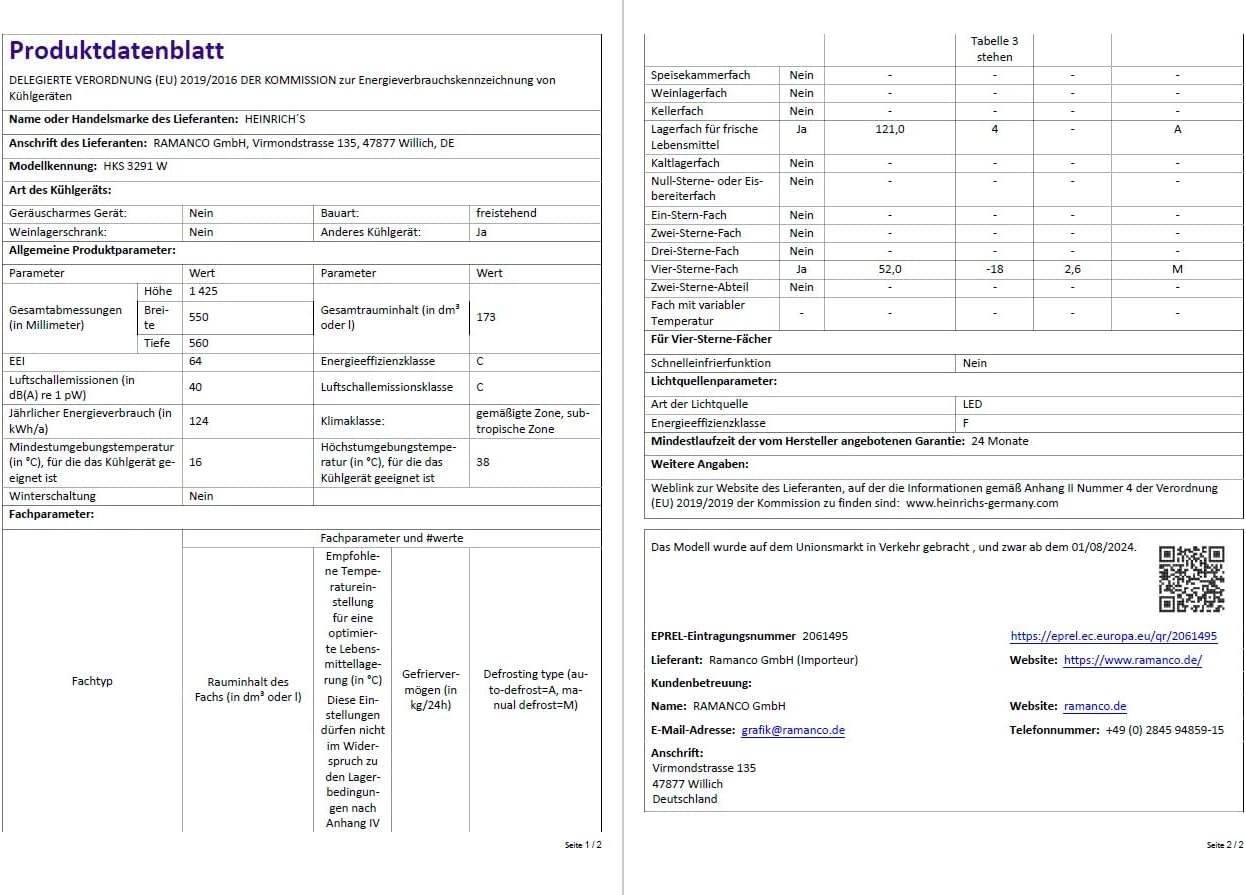 HEINRICHS Kühlgefrierkombination 173L, LED-Beleuchtung, 40dB, 7 Temperaturstufen, wechselbarer Türanschlag, Weiß